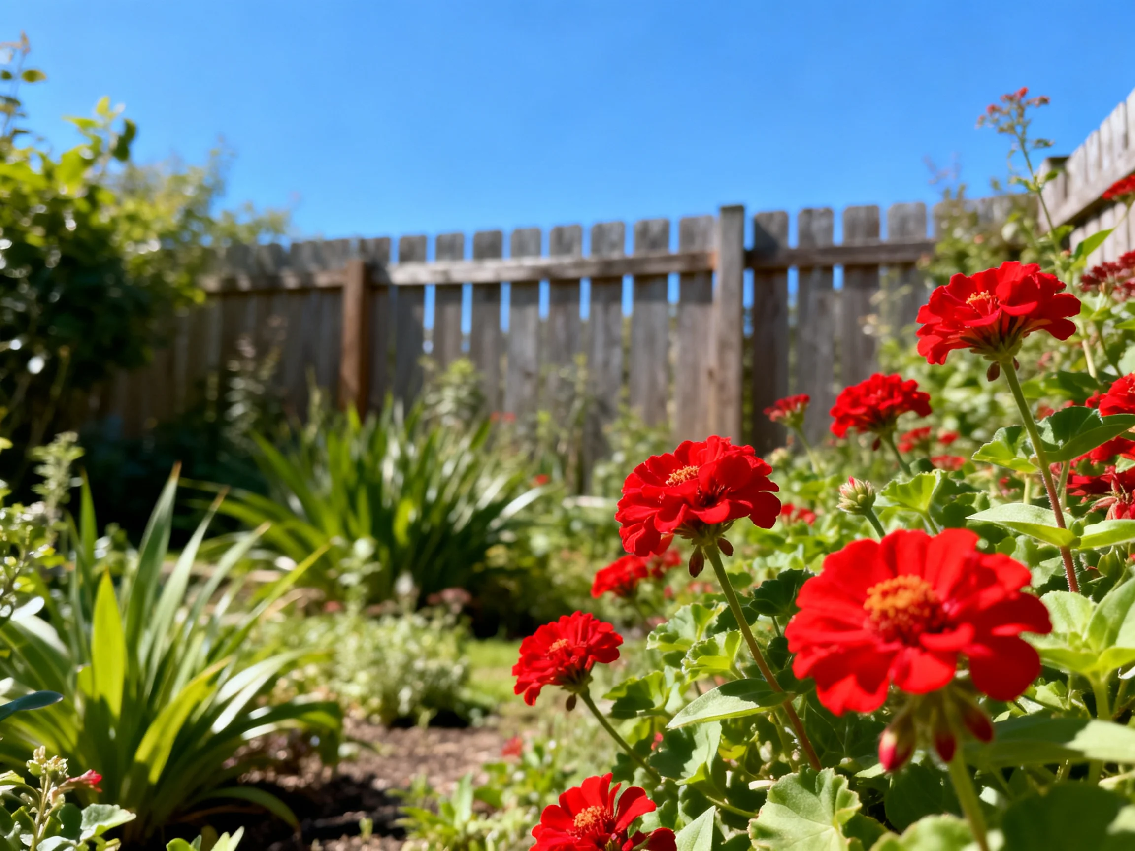 Vibrant red flowers bloom near an aged wooden fence in a sunny garden.