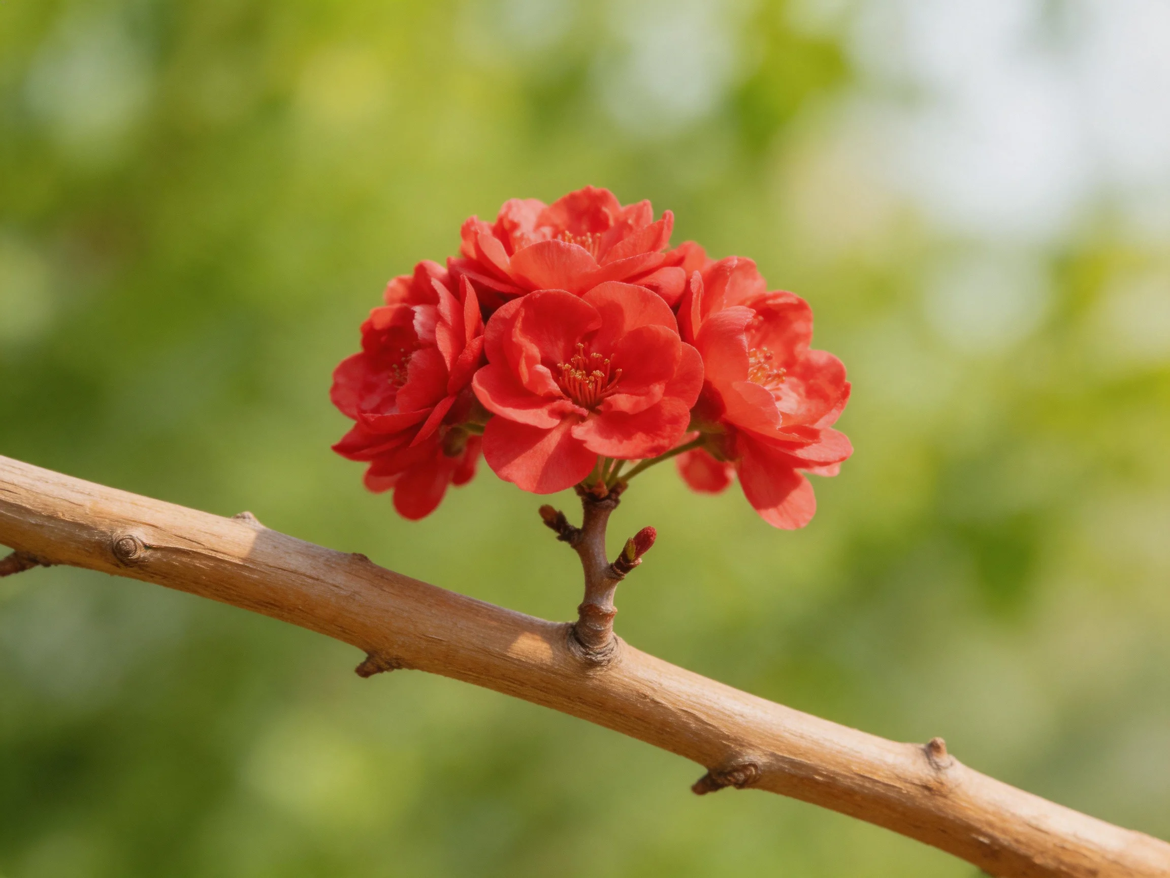 Vibrant red flowers clustered on a smooth brown tree branch