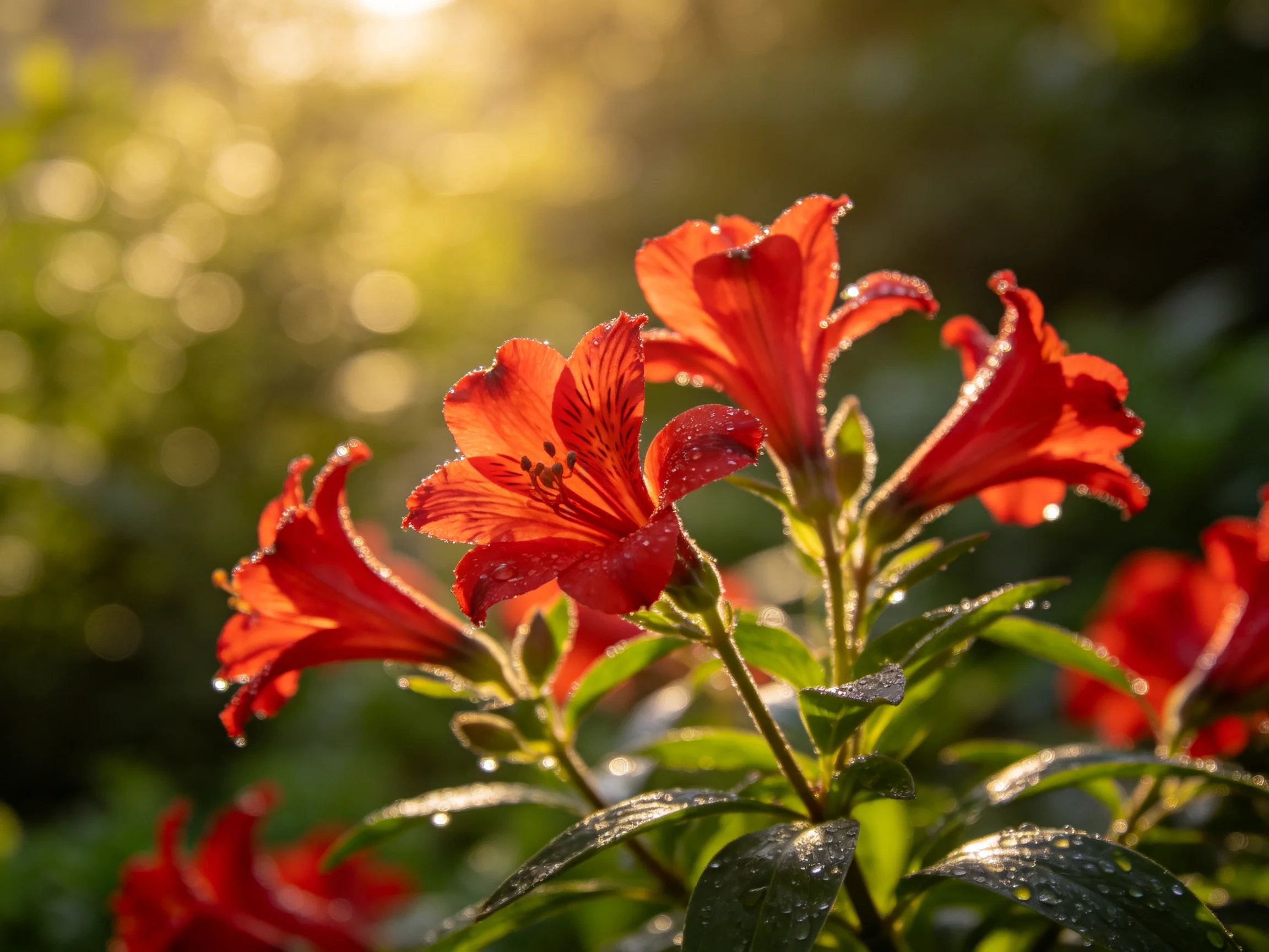 Vibrant red flowers glisten with dew under golden sunlight