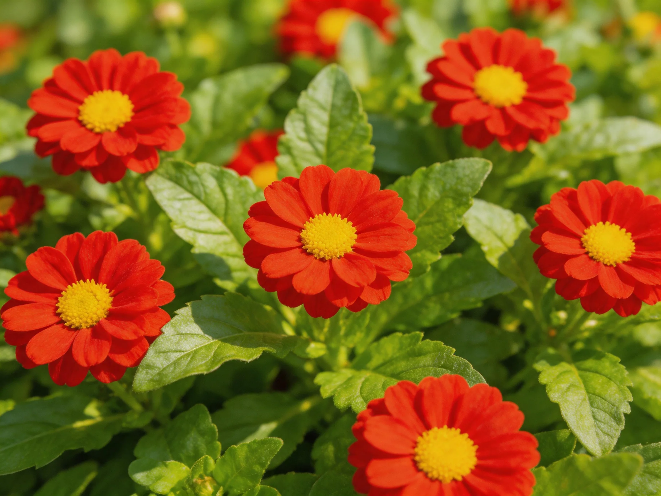 Vibrant red flowers with bright yellow centers amid lush green foliage