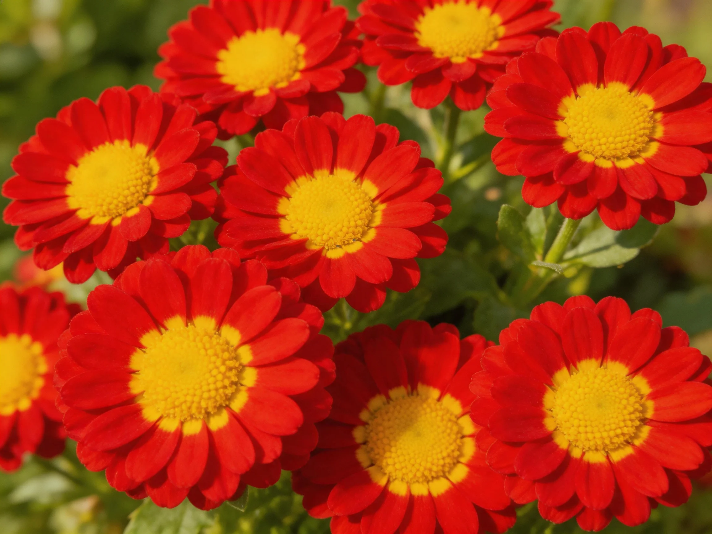 Vibrant red flowers with bright yellow centers clustered densely