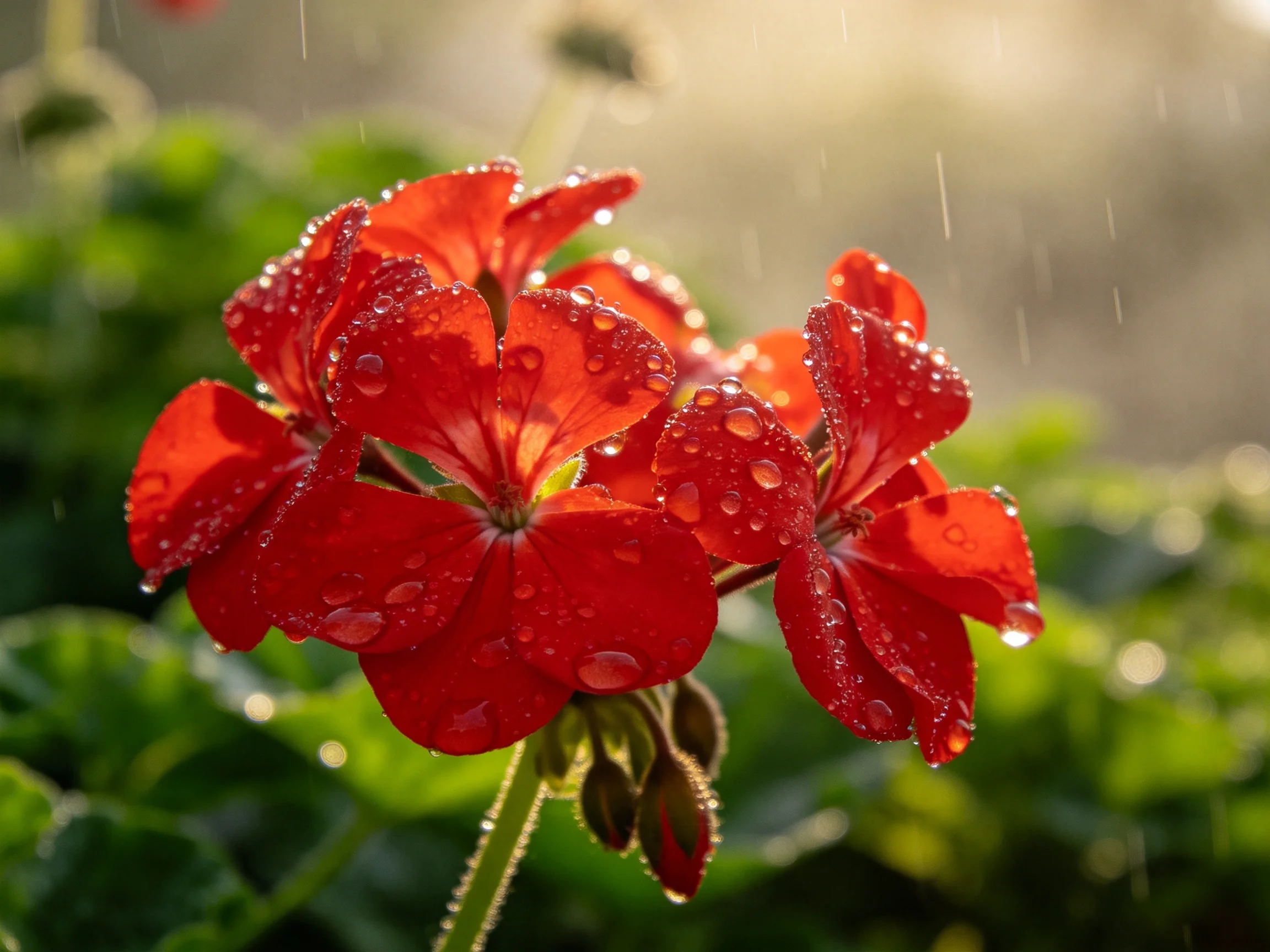 Vibrant red flowers with glistening raindrops amidst green foliage