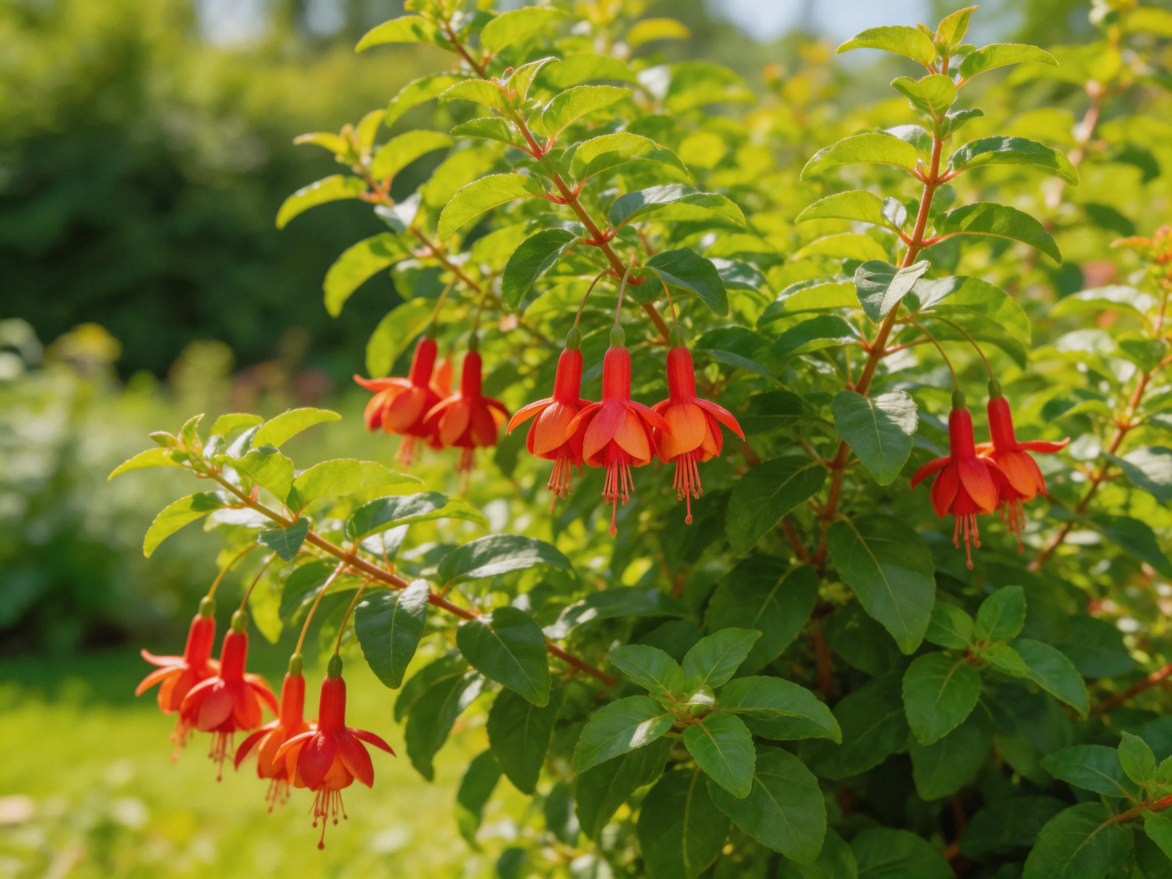Vibrant red fuchsia blooms amid lush green foliage