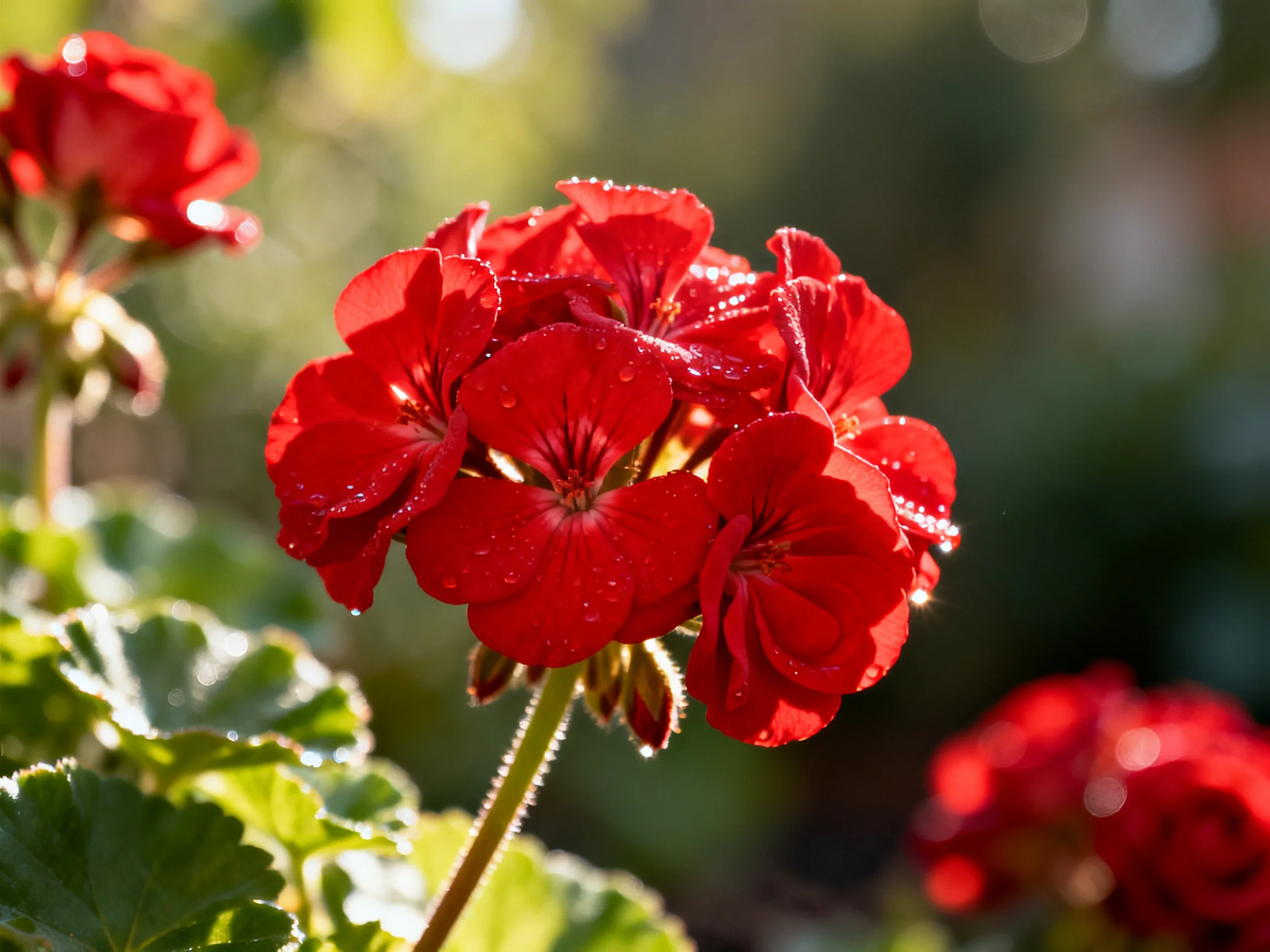 Vibrant red geranium blooms with dewdrops in natural sunlight