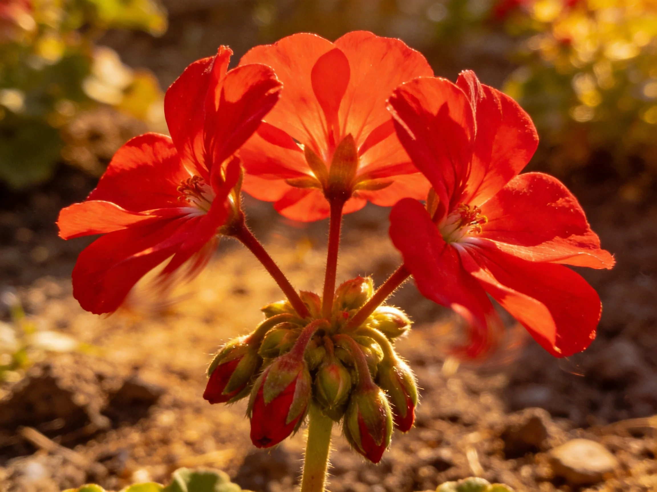 Vibrant red geranium flowers with unopened buds under warm sunlight