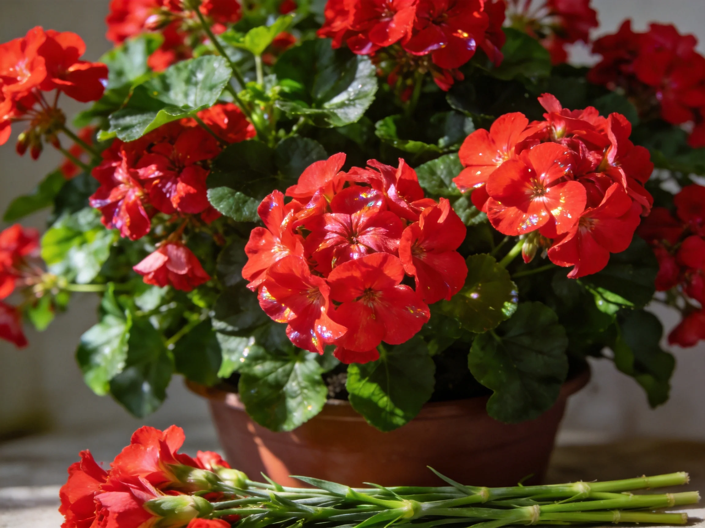 Vibrant red geraniums in a terracotta pot with cut flower stems
