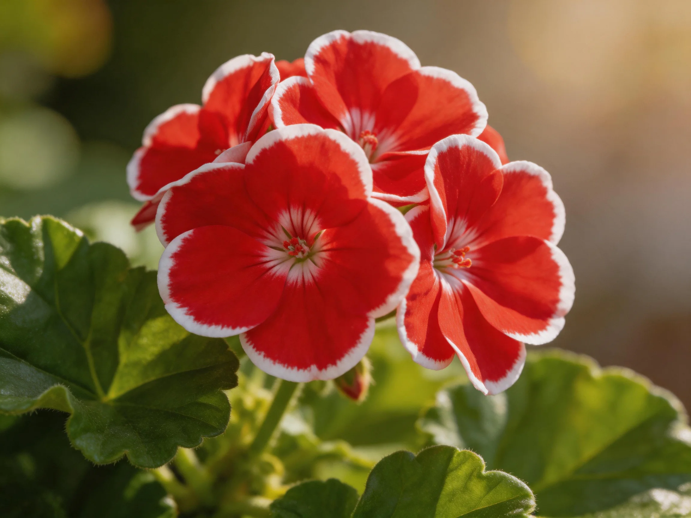 Vibrant red geraniums with white-edged petals bloom among lush green foliage