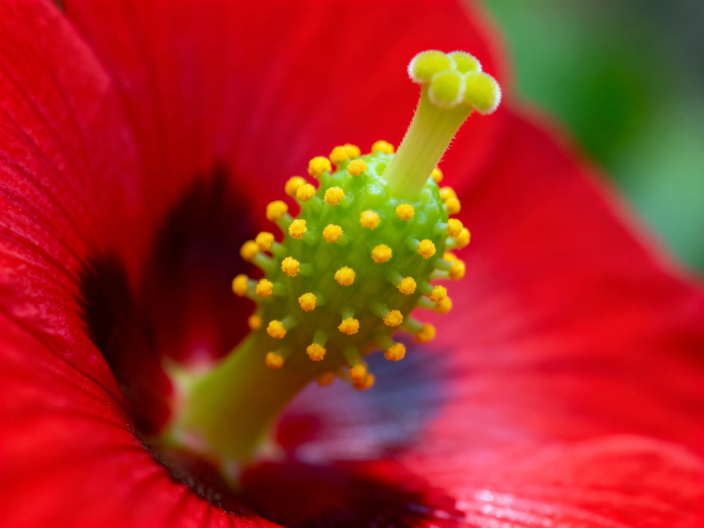 Vibrant red hibiscus close - up with green pistil and yellow stamens