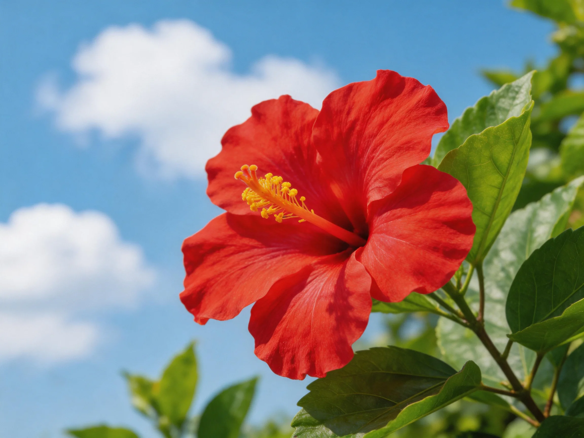 Vibrant red hibiscus flower with green foliage under blue sky