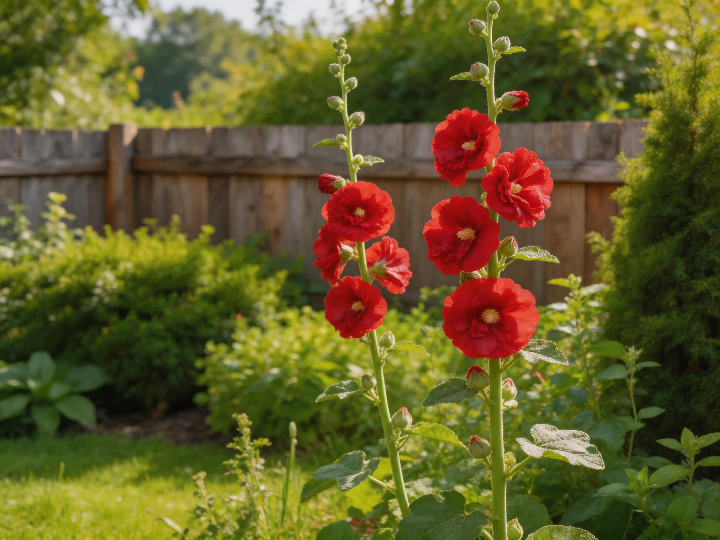 Vibrant red hollyhock blooms stand tall near a wooden fence
