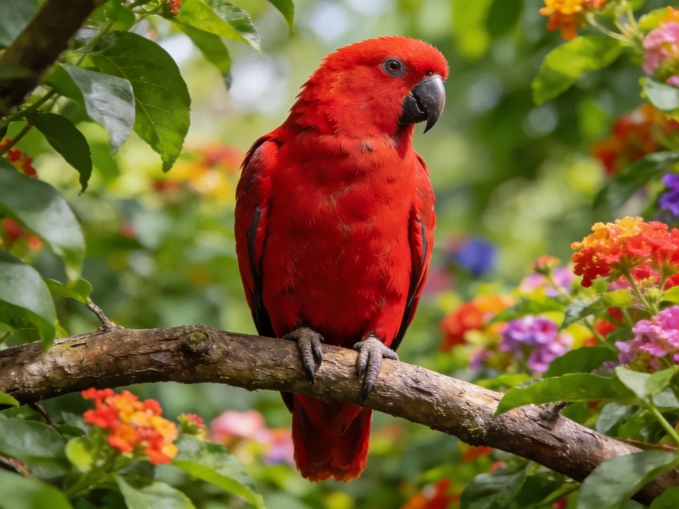 Vibrant red parrot perched ona tree branch among colorful flowers