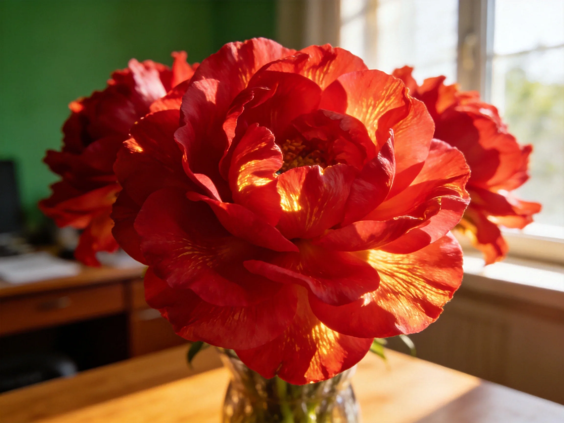 Vibrant red peonies arranged in a glass vase near a sunlit window