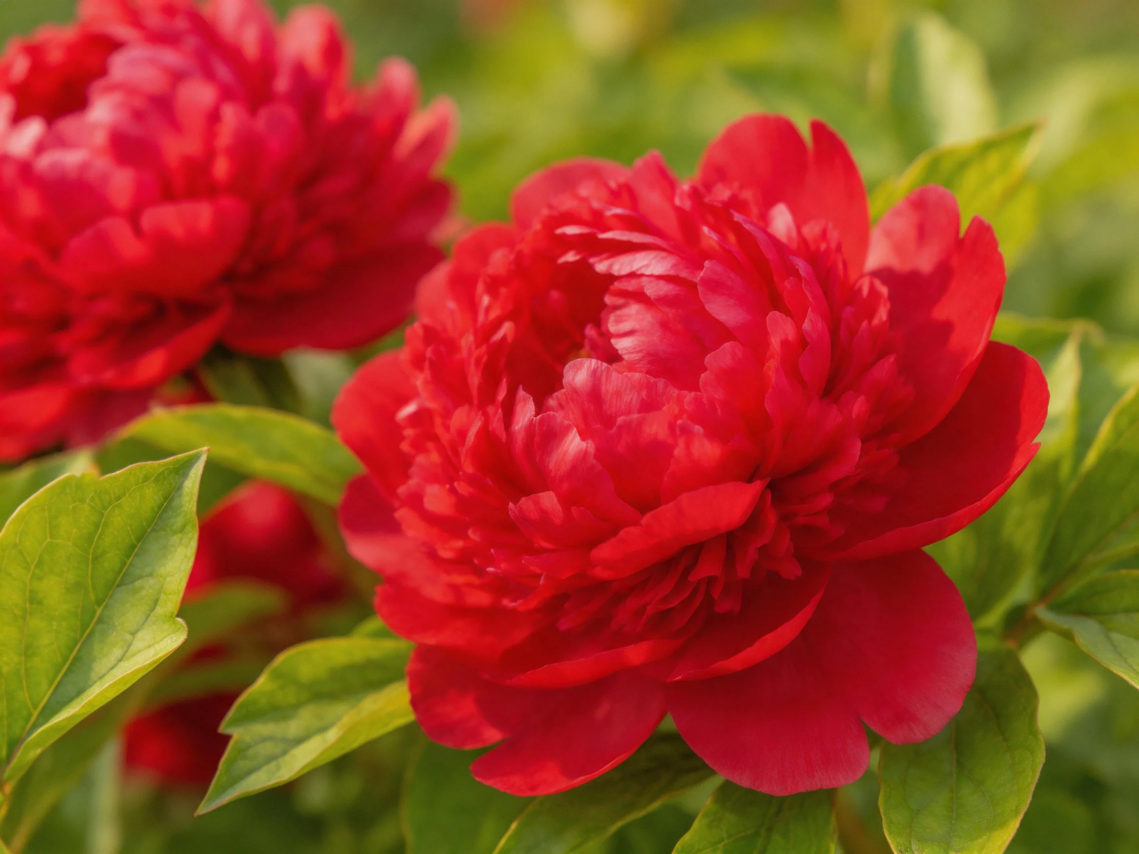 Vibrant red peonies bloom amid lush green foliage