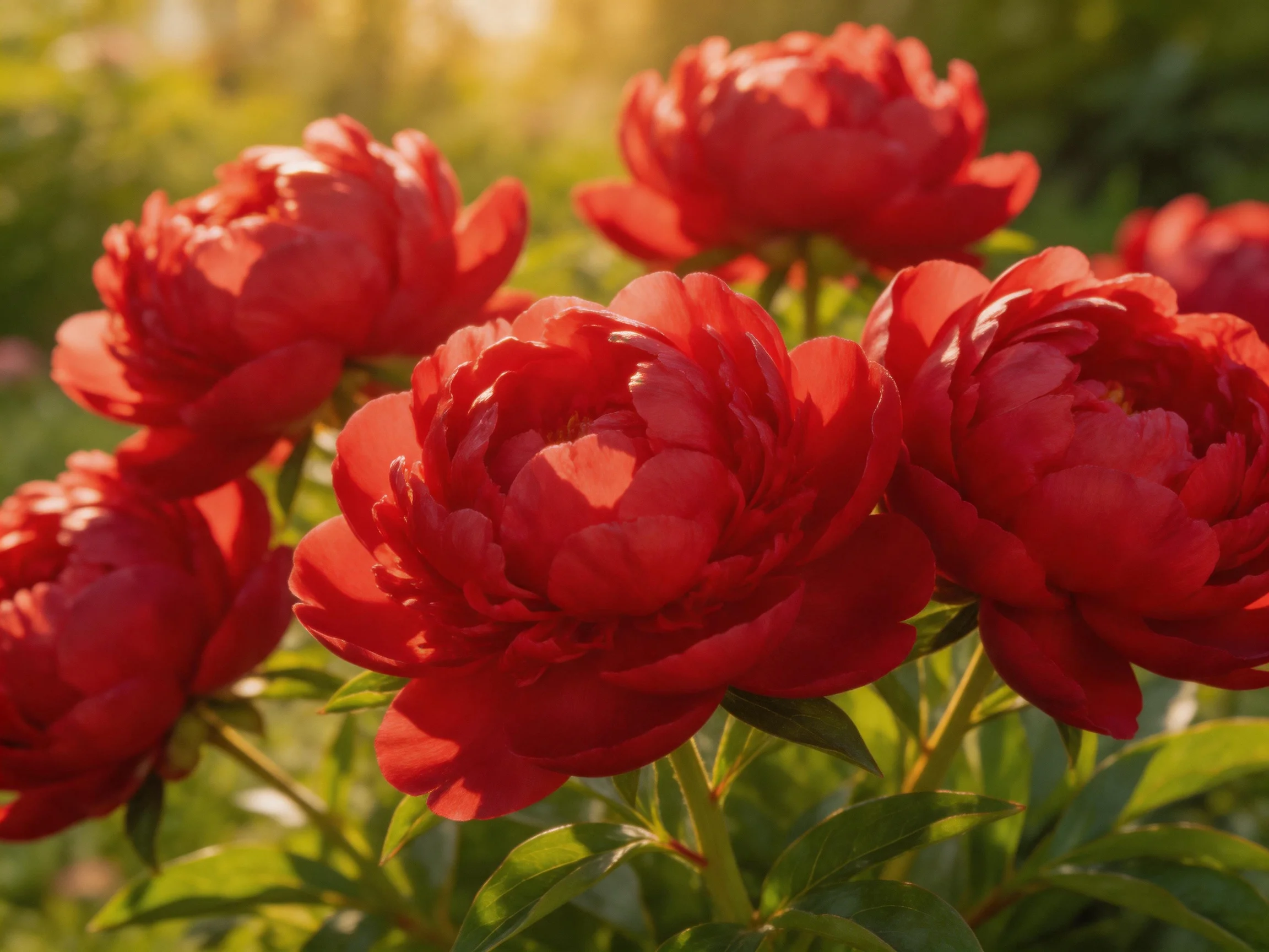 Vibrant red peonies blooming in a sunlit garden