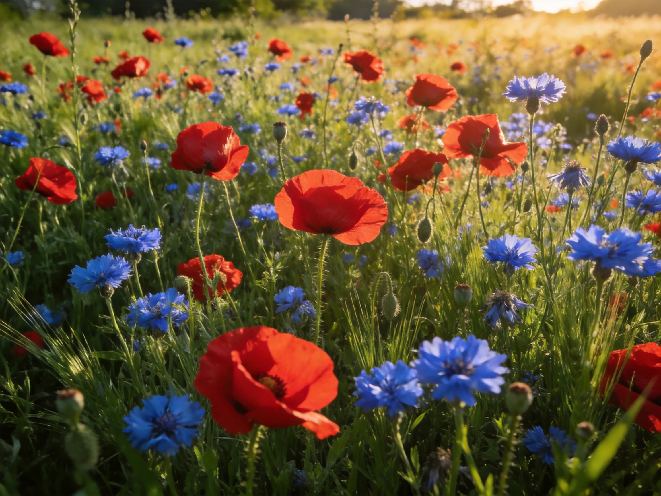 Vibrant red poppies amid blue wildflowers in a sunlit meadow