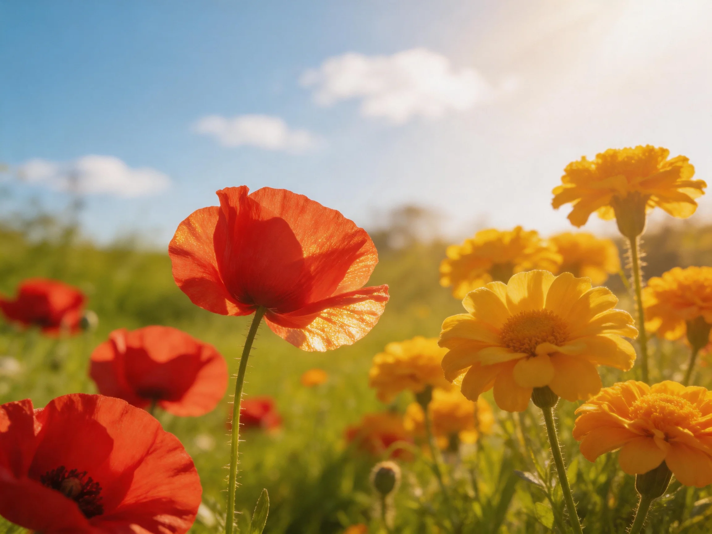 Vibrant red poppies and golden - hued flowers in a sunlit meadow