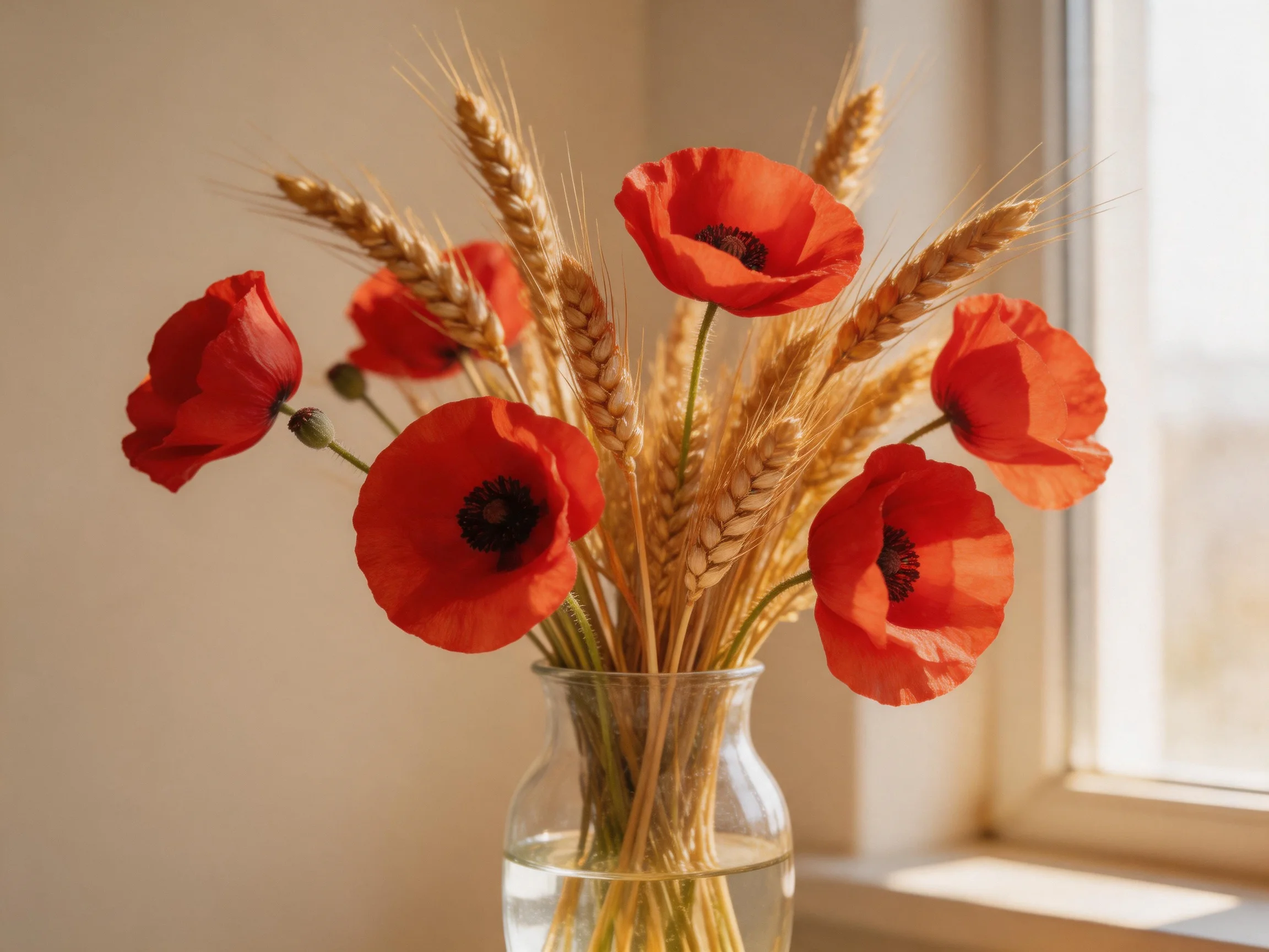 Vibrant red poppies and golden wheat arranged in a clear glass vase near a sunlit window