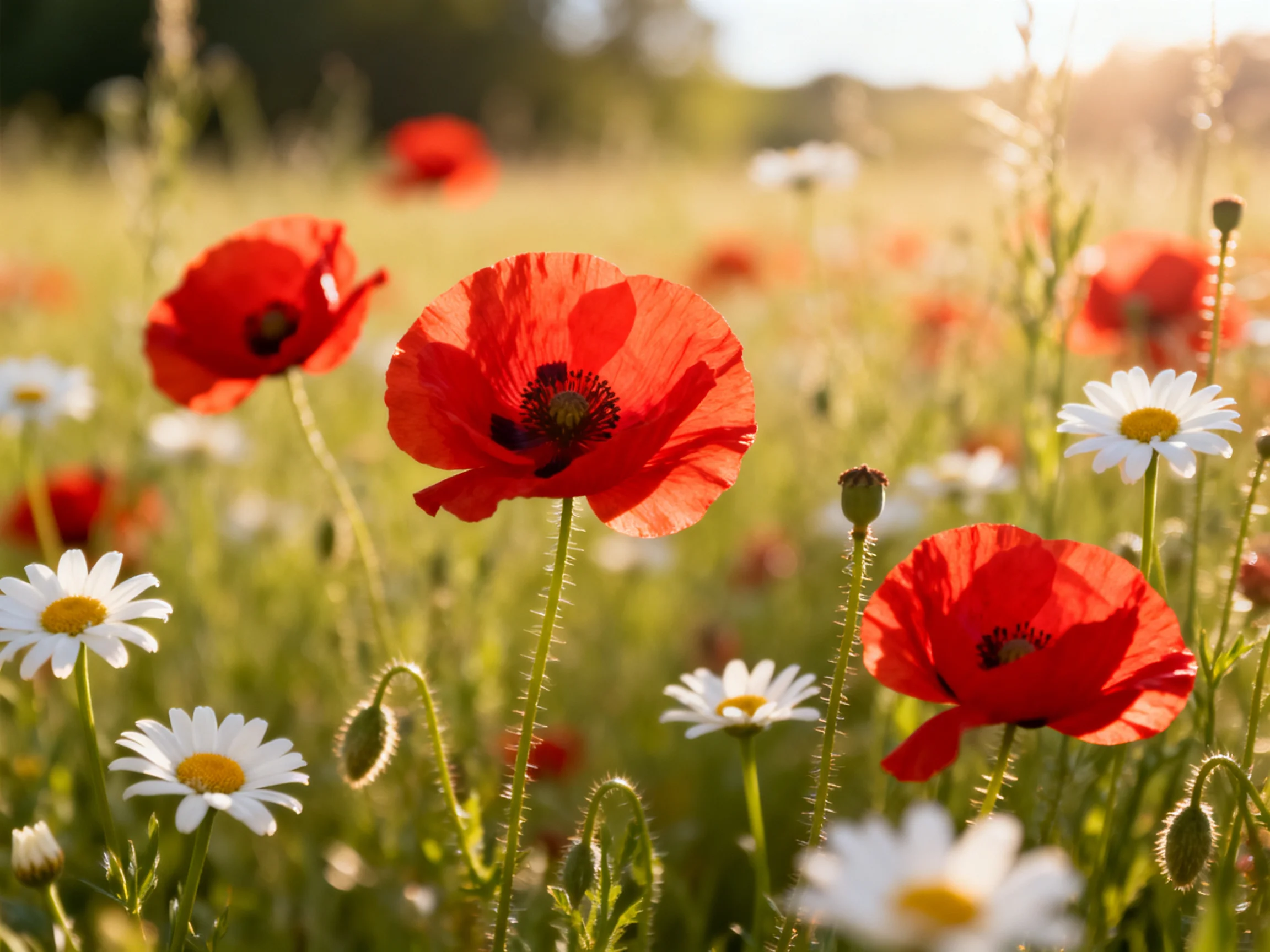 Vibrant red poppies and white daisies bloom in a sunlit meadow field