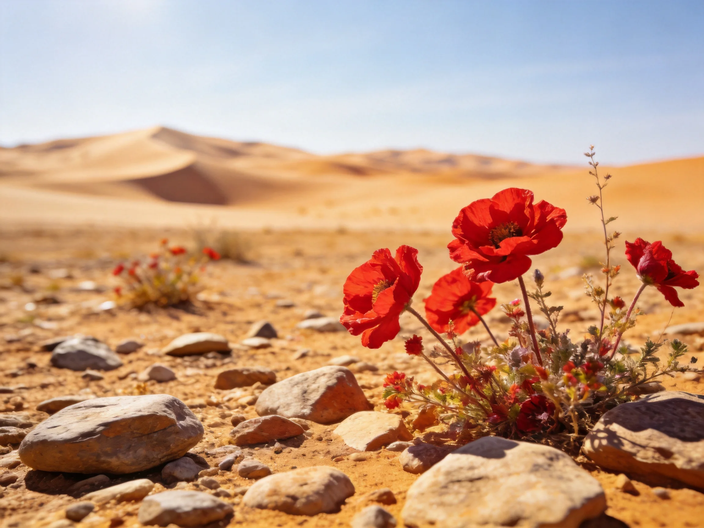 Vibrant red poppies bloom amid rocks in a vast sandy desert