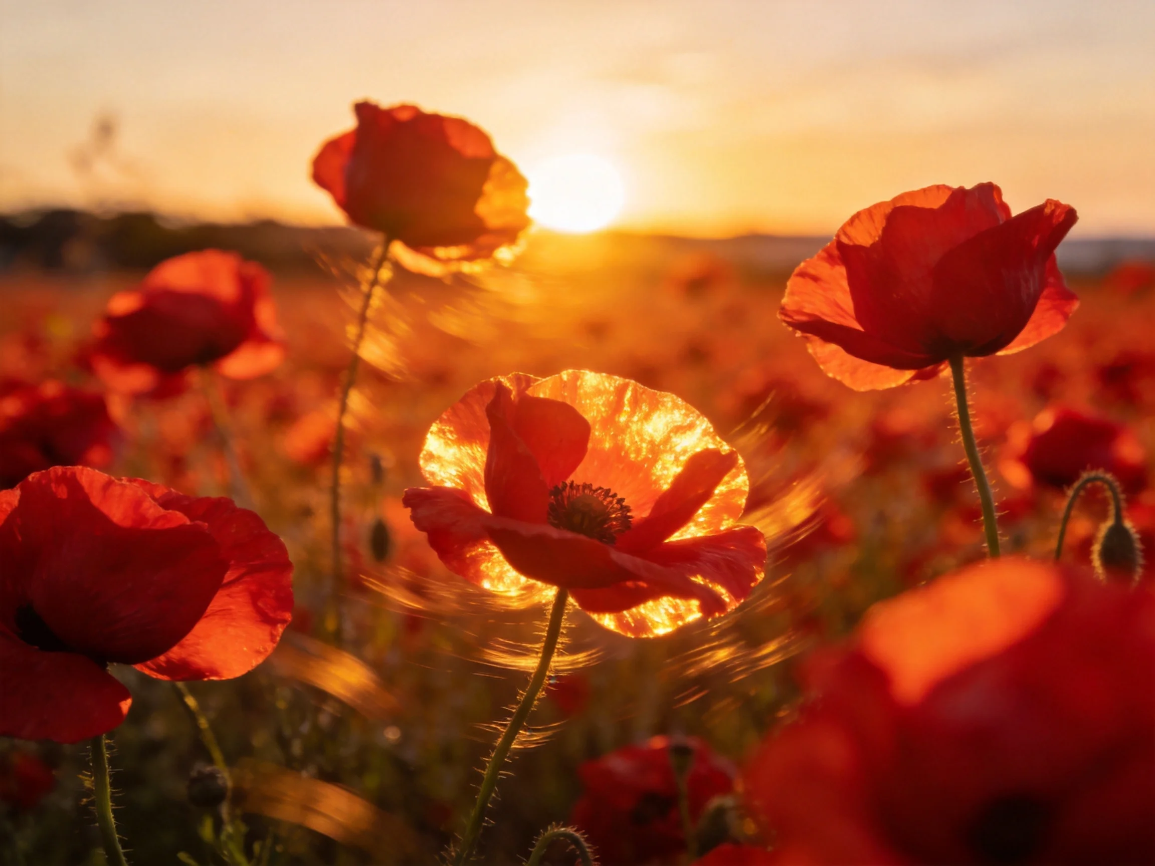 Vibrant red poppies fill a golden-hour sunlit field.
