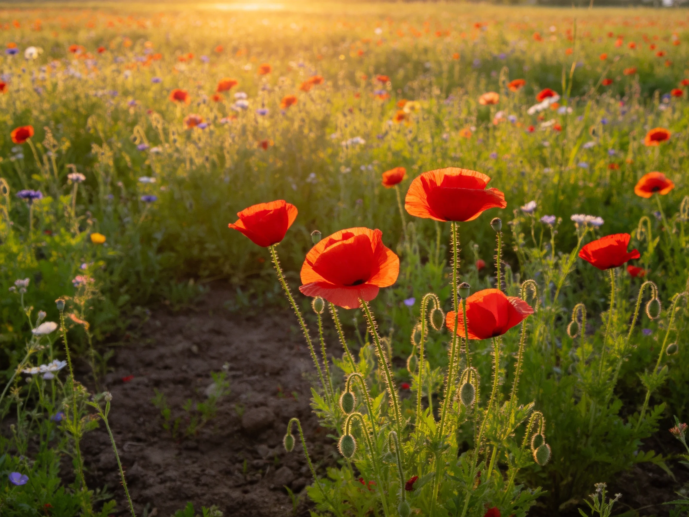 Vibrant red poppies scattered across a sunlit wildflower field