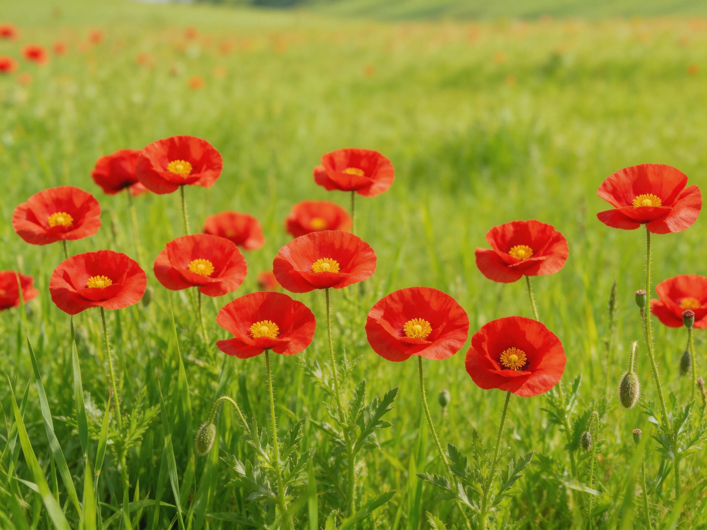 Vibrant red poppies scattered in a lush green meadow