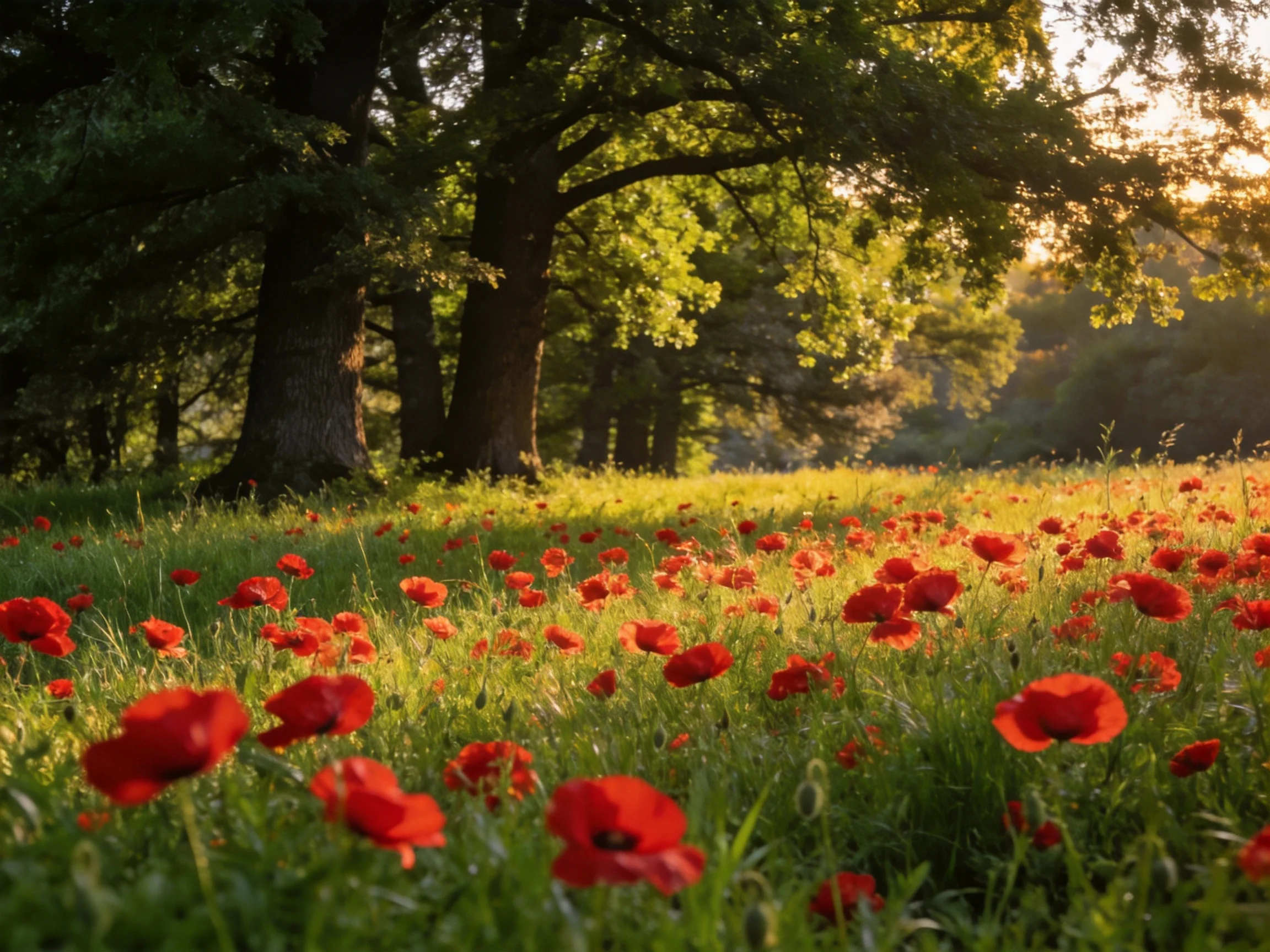 Vibrant red poppies spread across a sunlit meadow beside tall trees