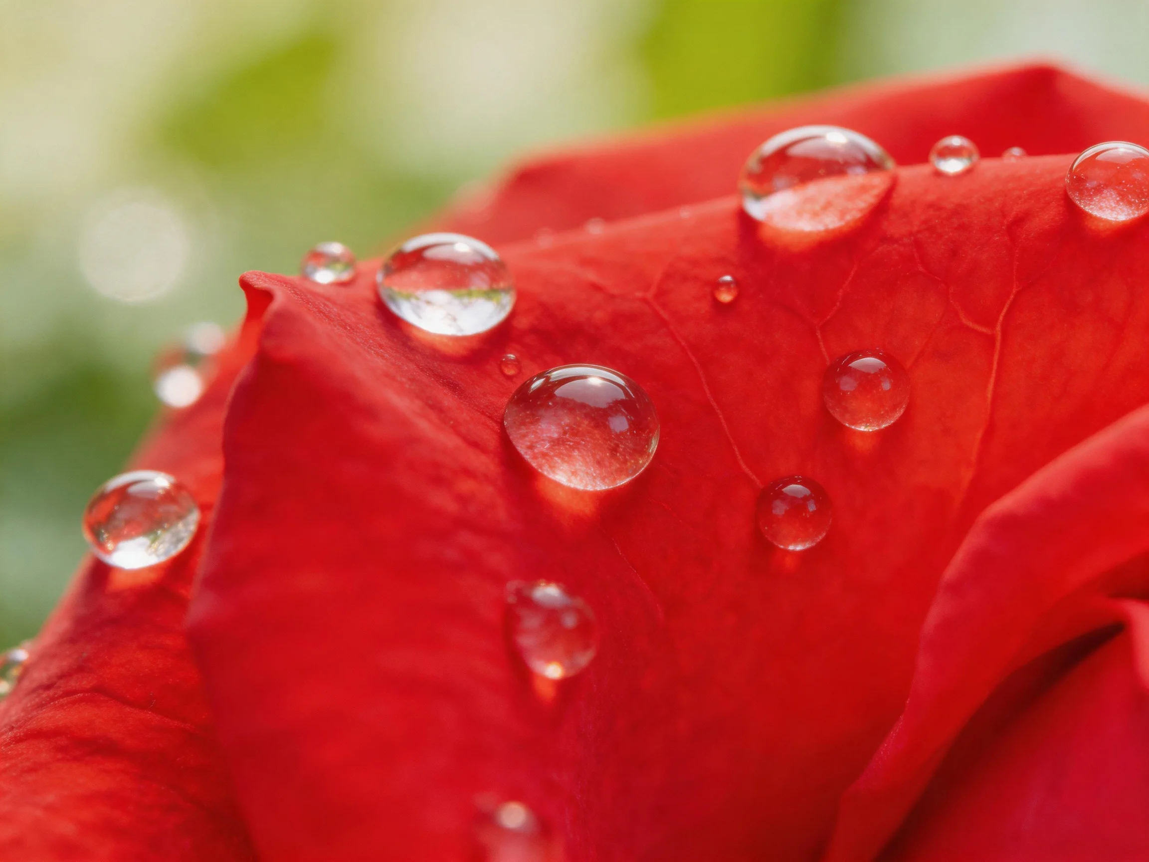 Vibrant red rose petals adorned with multiple clear water droplets