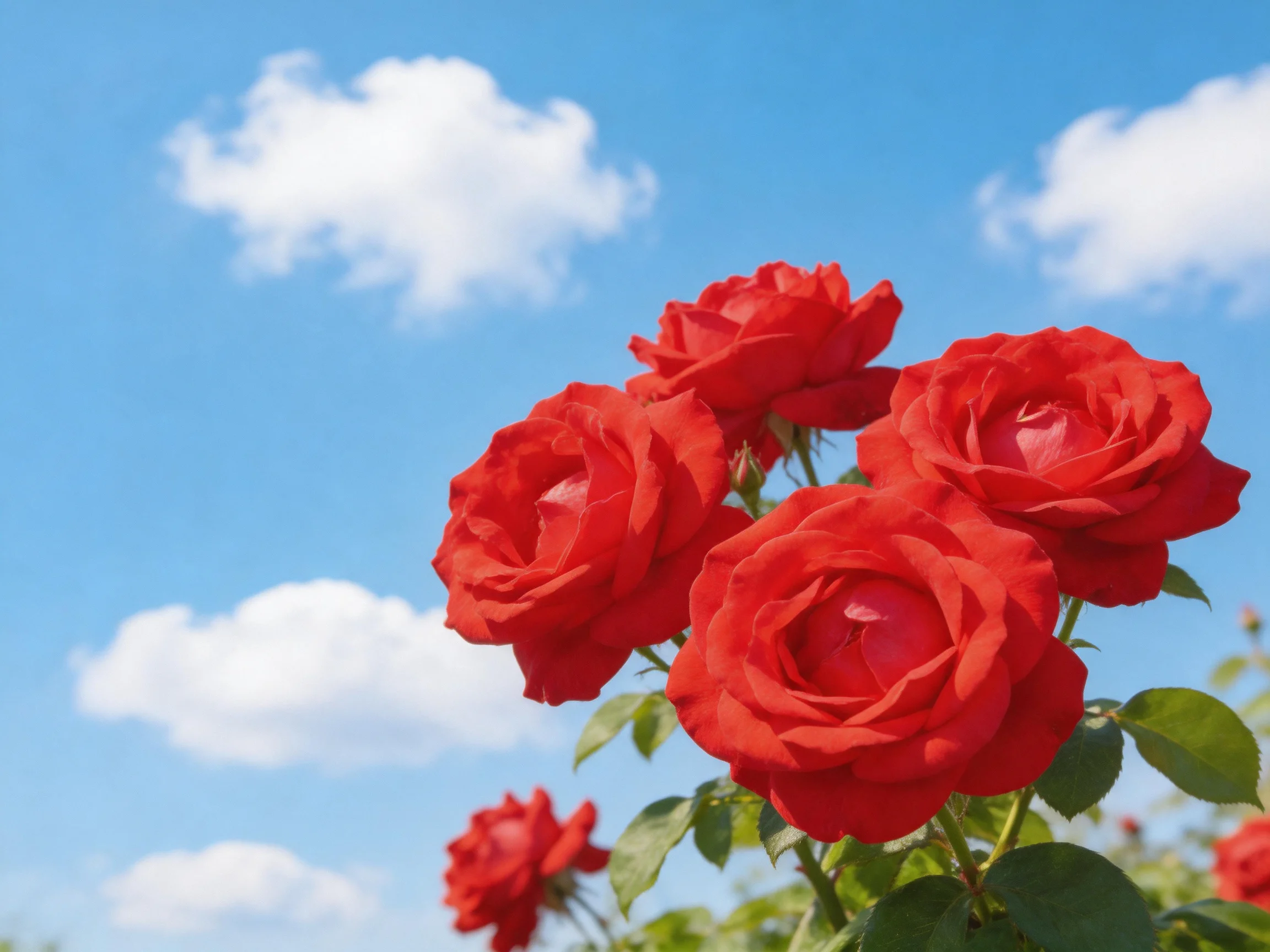 Vibrant red roses bloom against a bright blue sky with scattered white clouds