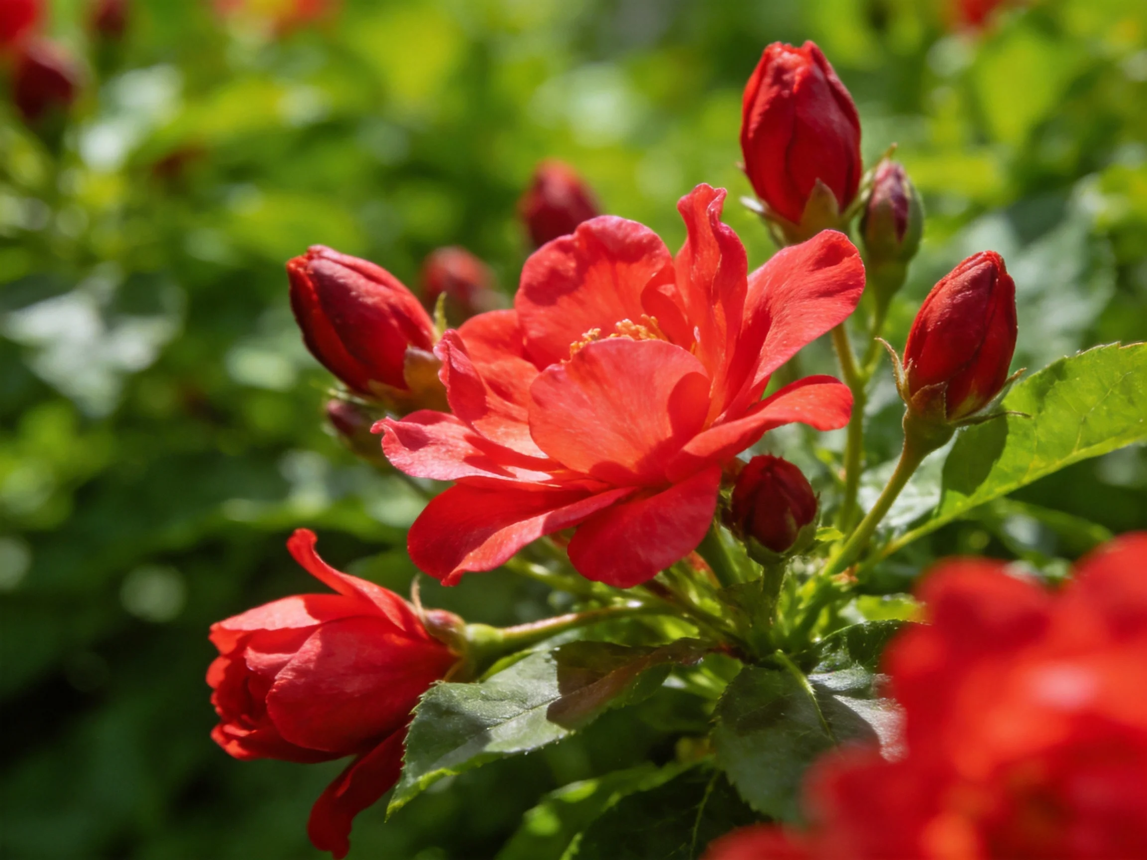 Vibrant red roses bloom amid lush green foliage