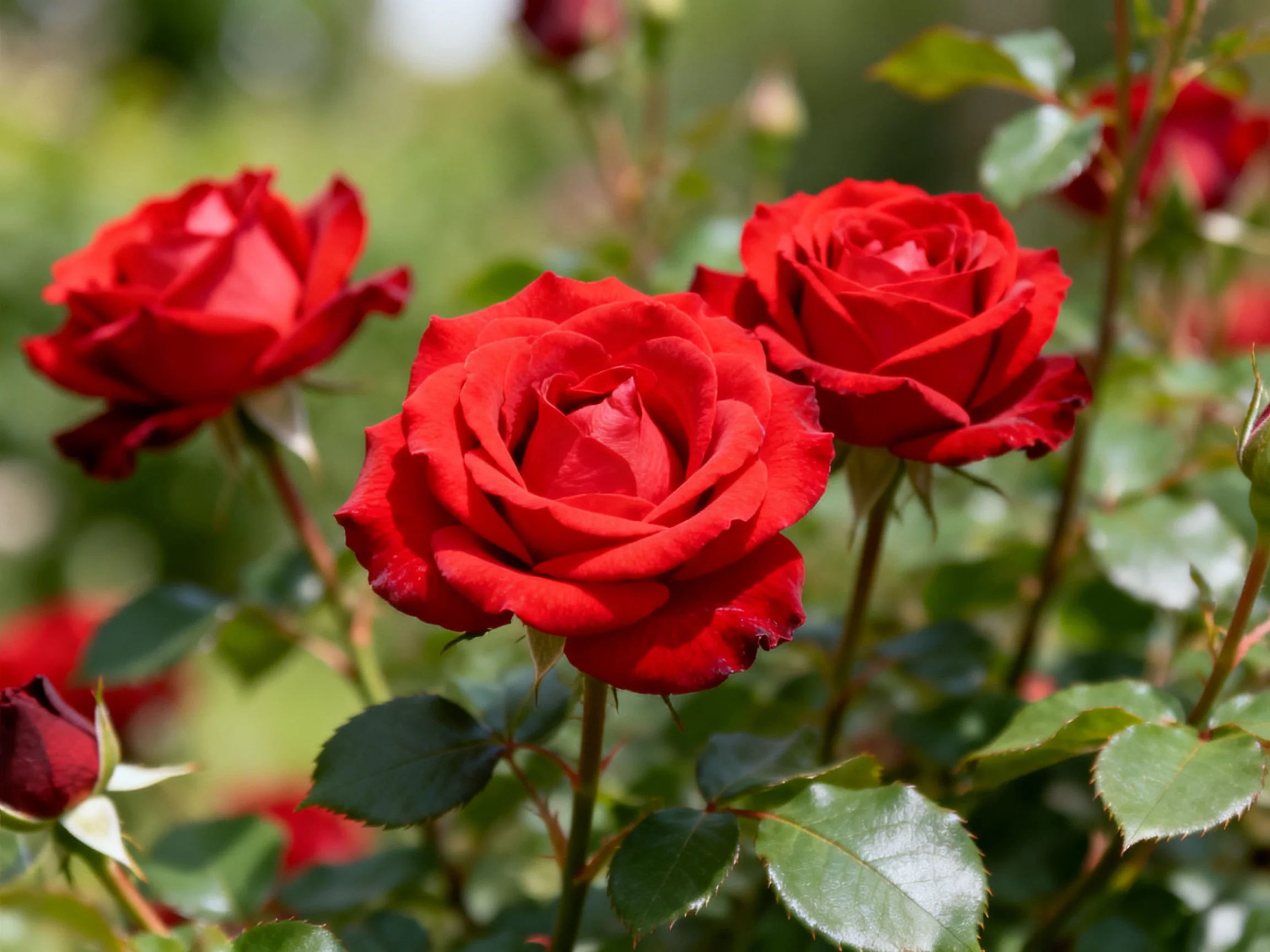 Vibrant red roses bloom among lush green foliage