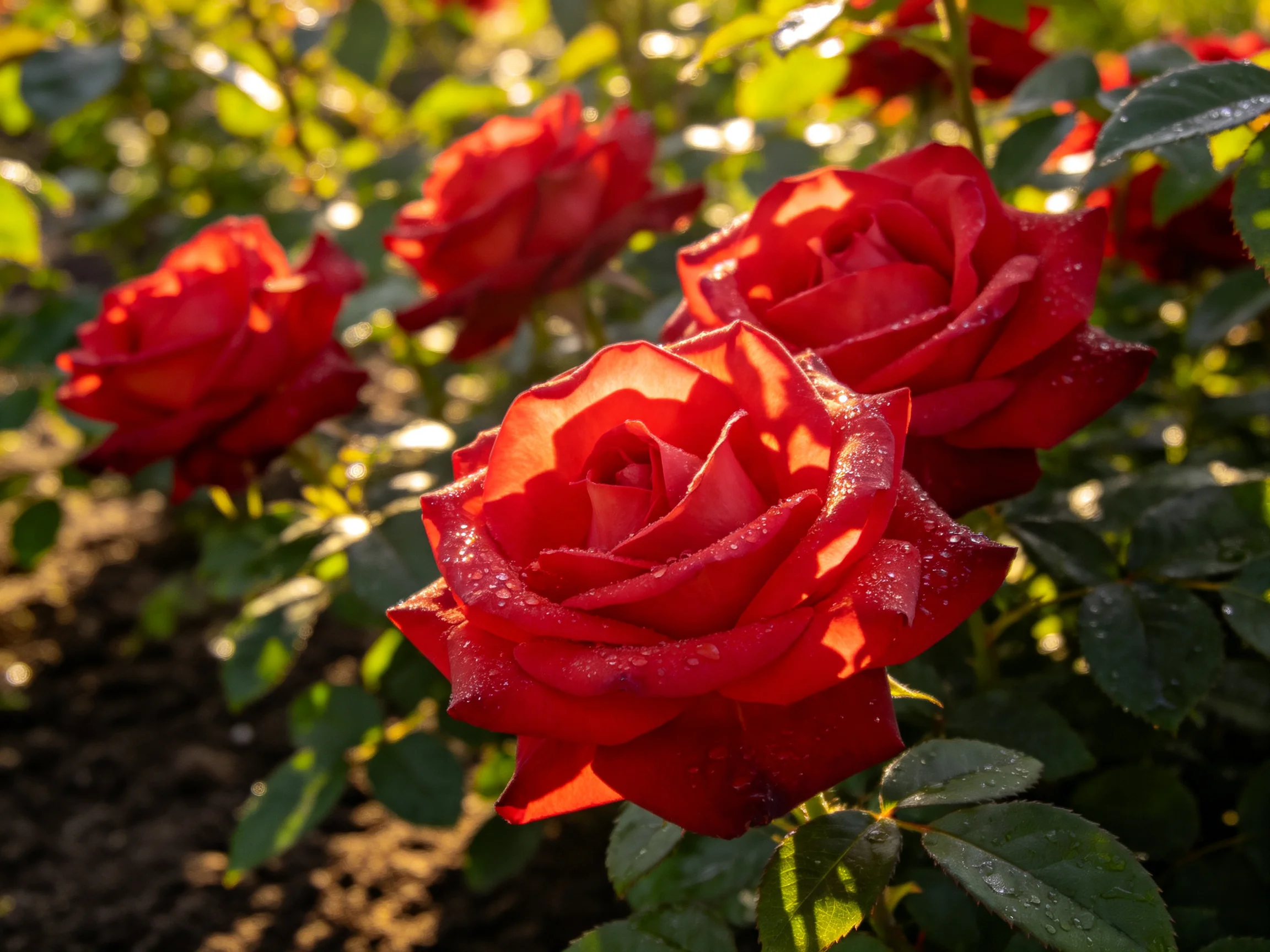 Vibrant red roses blooming in a sun-drenched garden