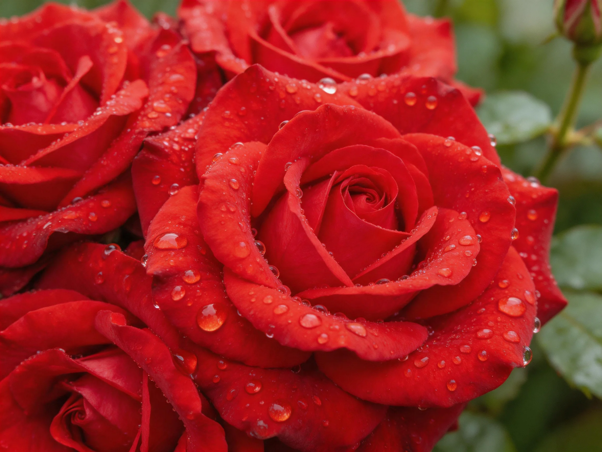 Vibrant red roses with glistening water droplets clustered together