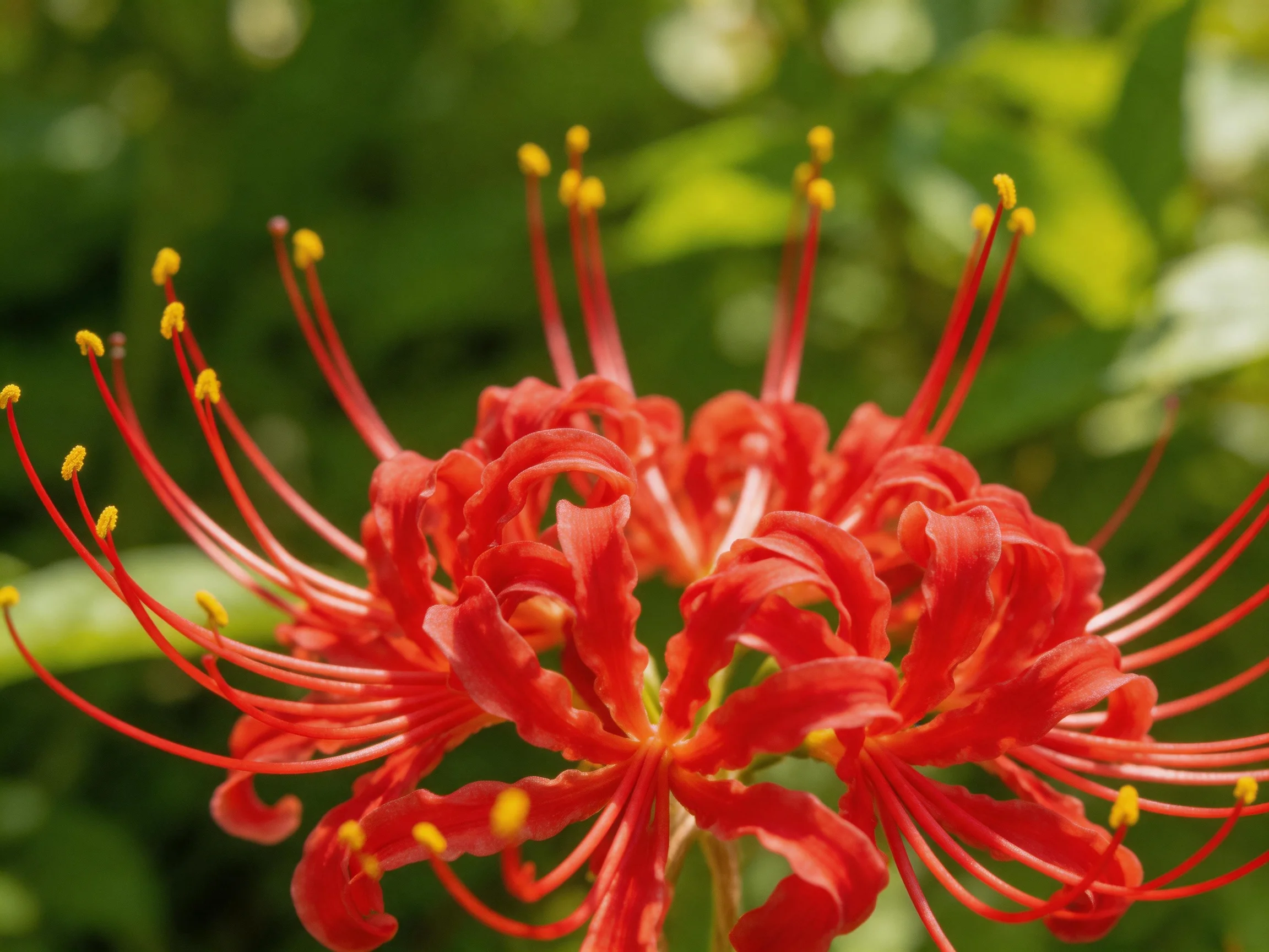 Vibrant red spider lilies with elongated stamens against lush green foliage
