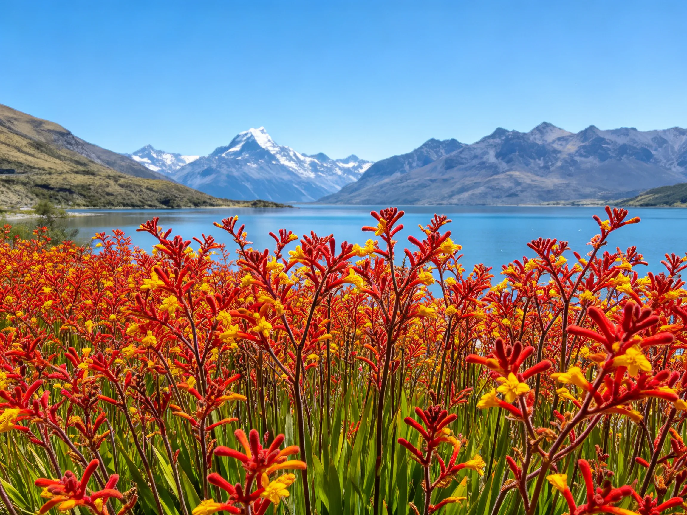 Vibrant red-yellow flowers by a serene blue lake with snow-capped mountains