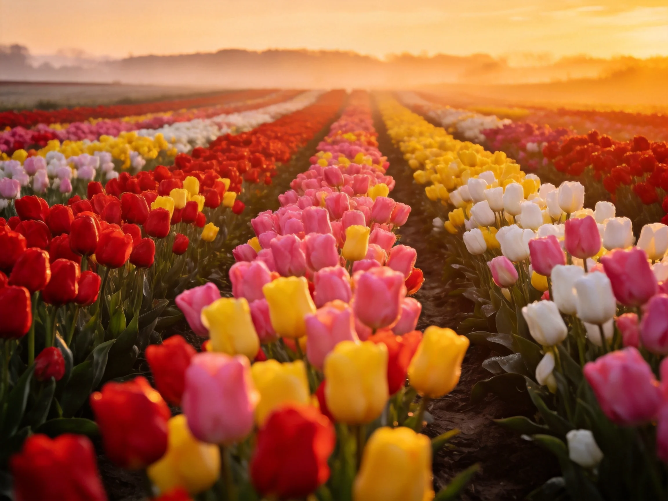 Vibrant rows of multicolored tulips stretch toward a golden sunrise horizon.