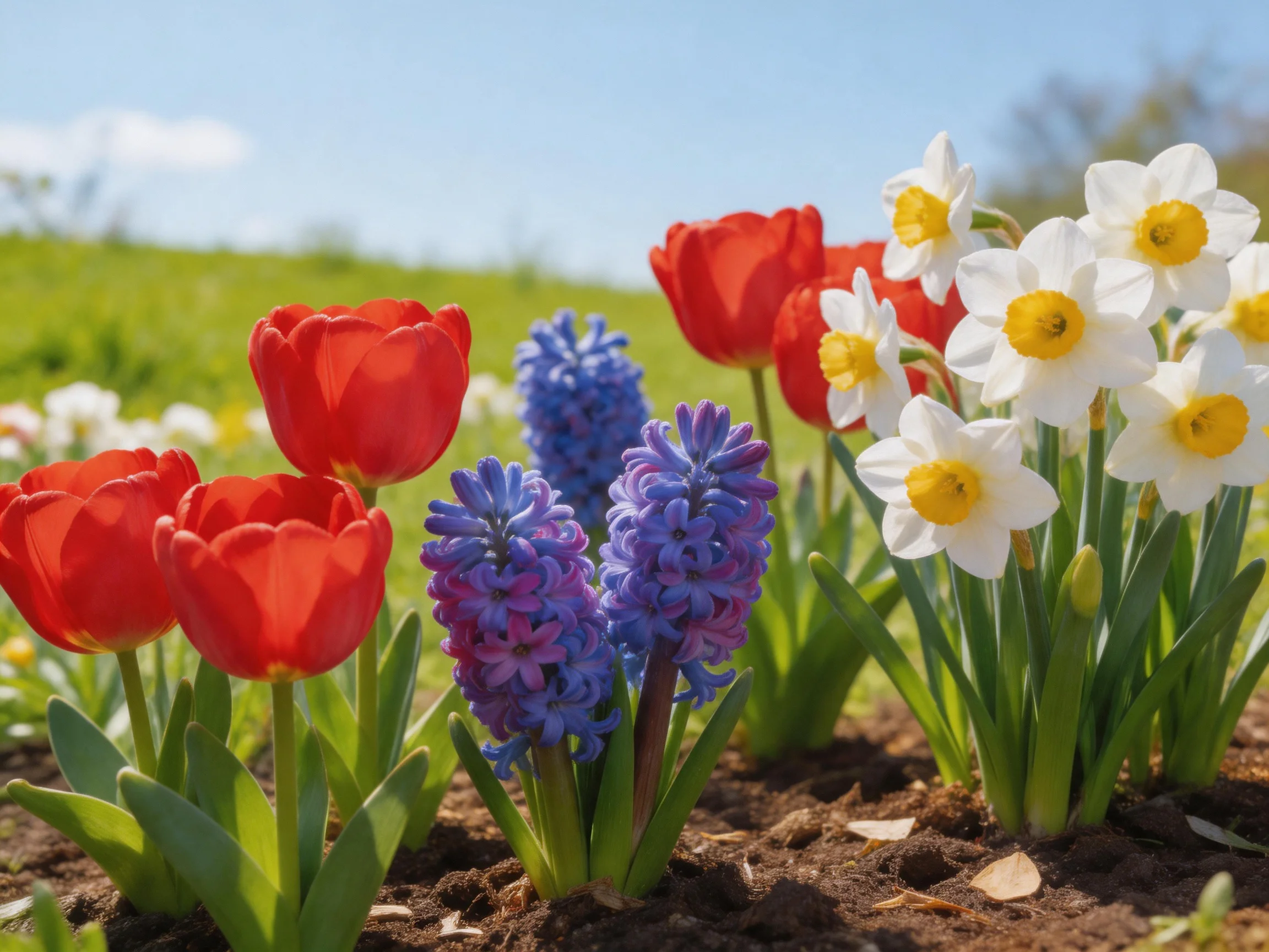 Vibrant spring flowers: red tulips, purple-blue hyacinths, white daffodils