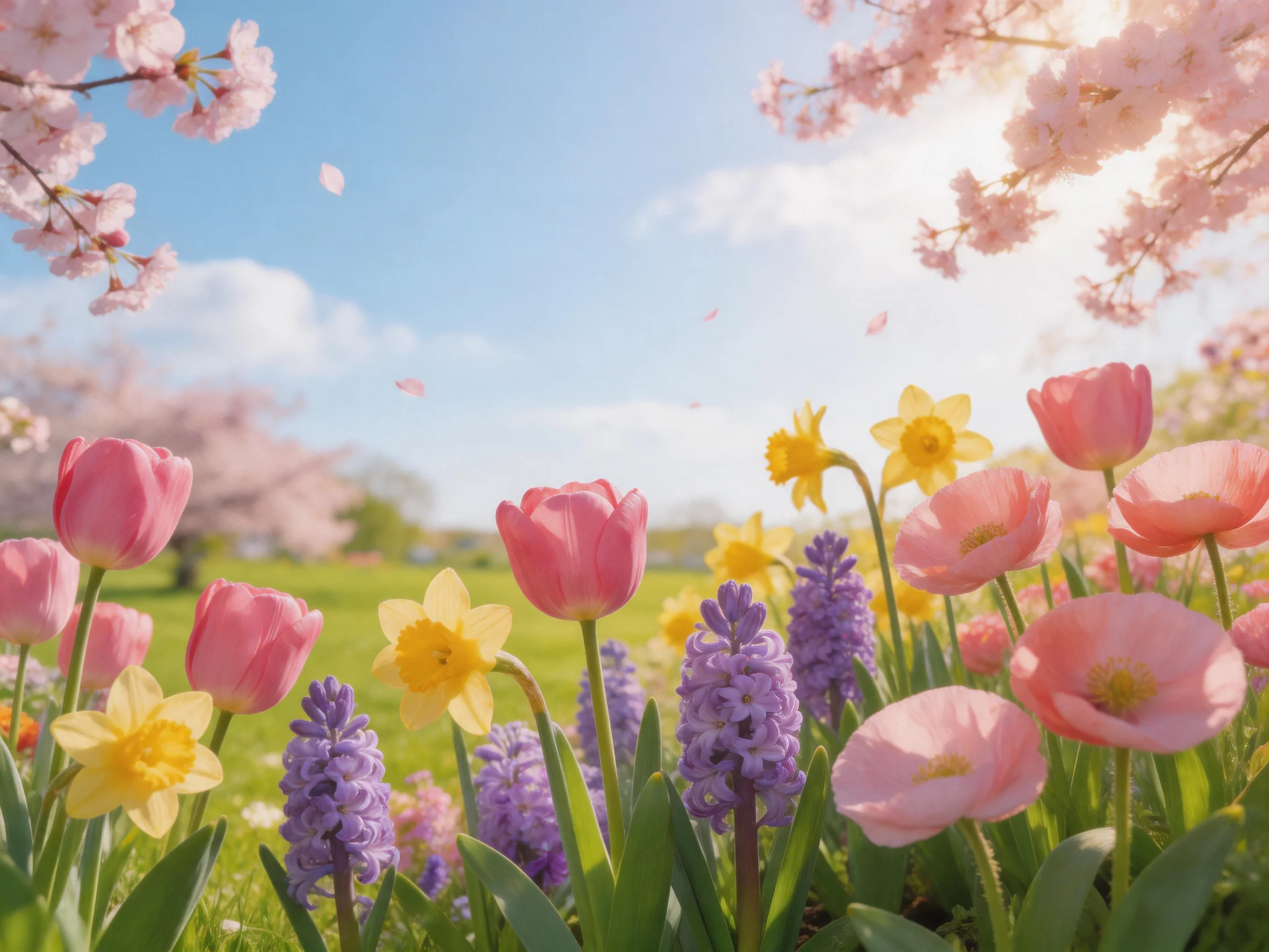 Vibrant spring garden with pink tulips, yellow daffodils, purple hyacinths, and cherry blossoms