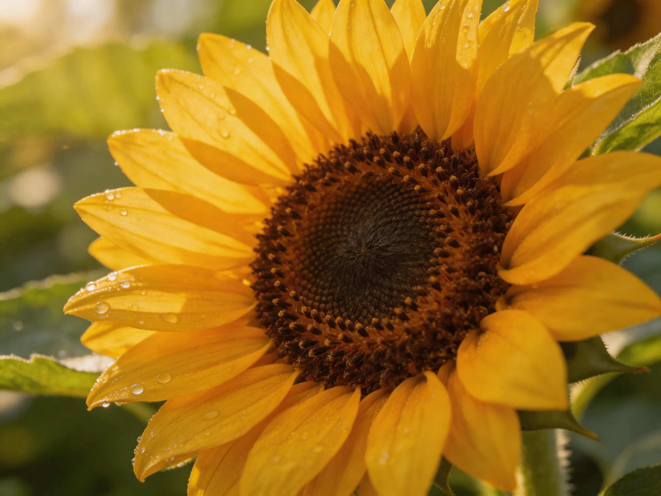Vibrant sunflower with dew drops amid green foliage