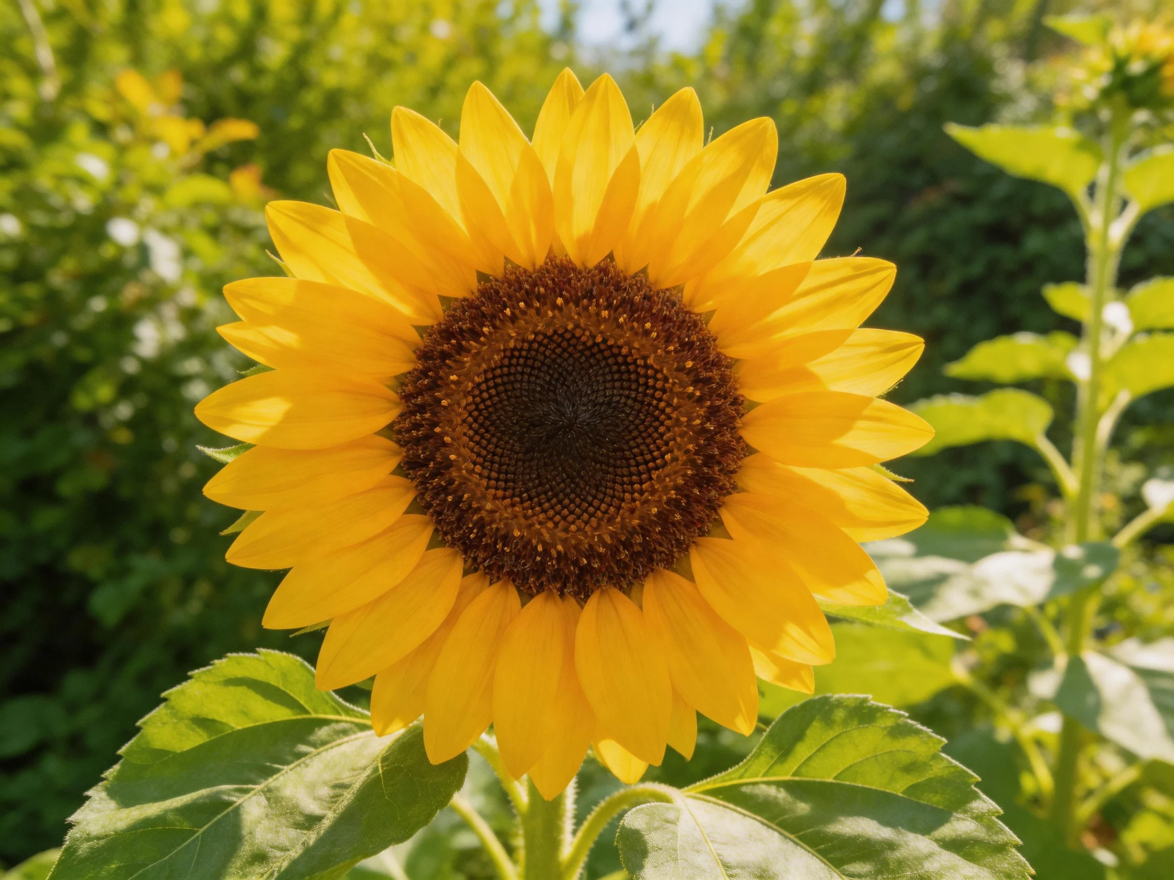 Vibrant sunflower with golden petals and dark brown center