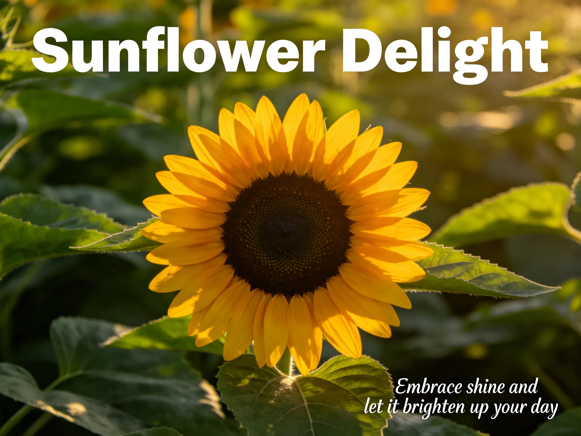 Vibrant sunflower with golden petals and green leaves