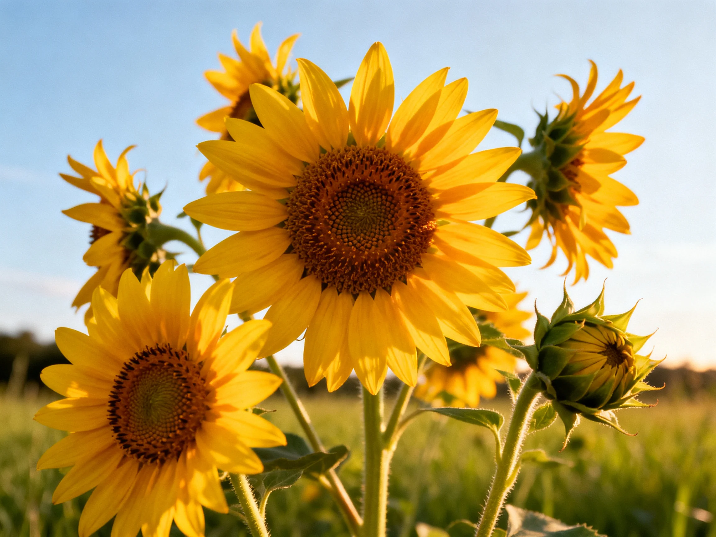 Vibrant sunflowers bloom in a sunny field with clear blue sky