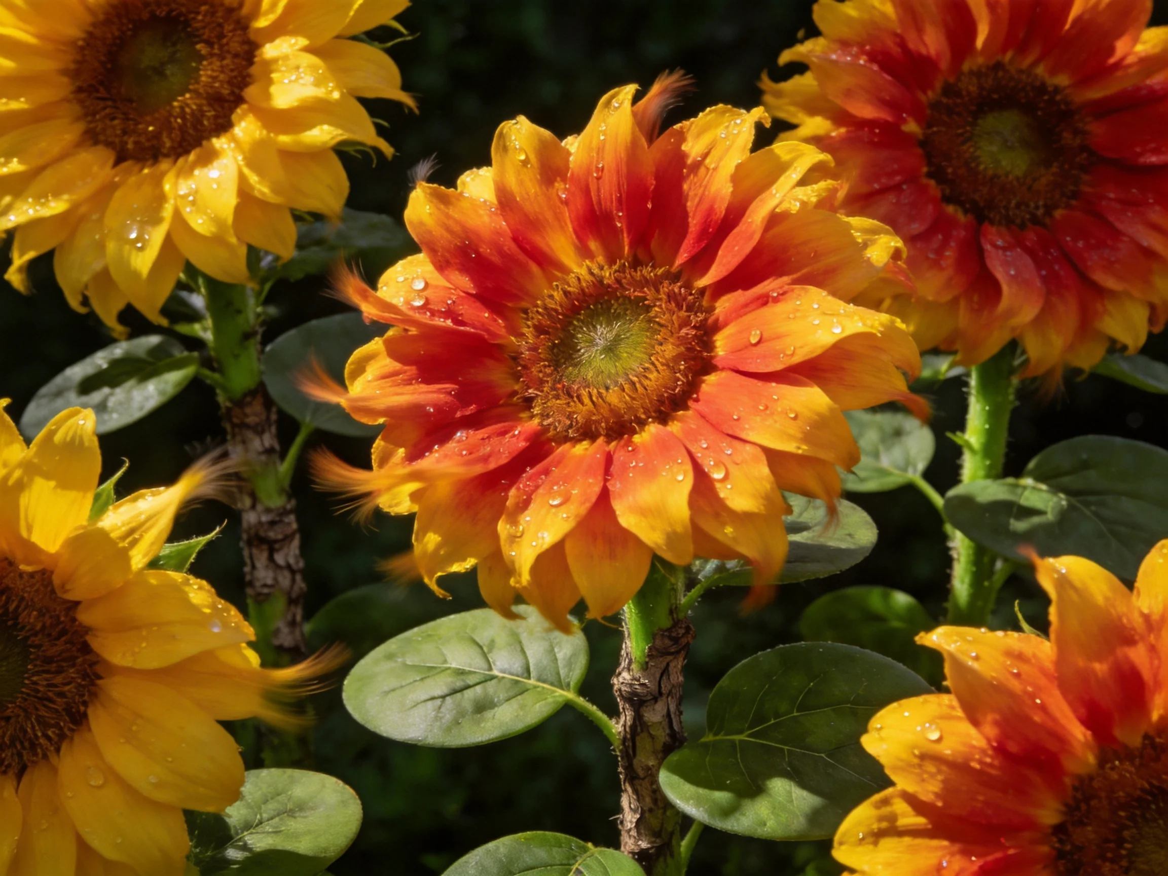 Vibrant sunflowers show orange-yellow petals with water droplets