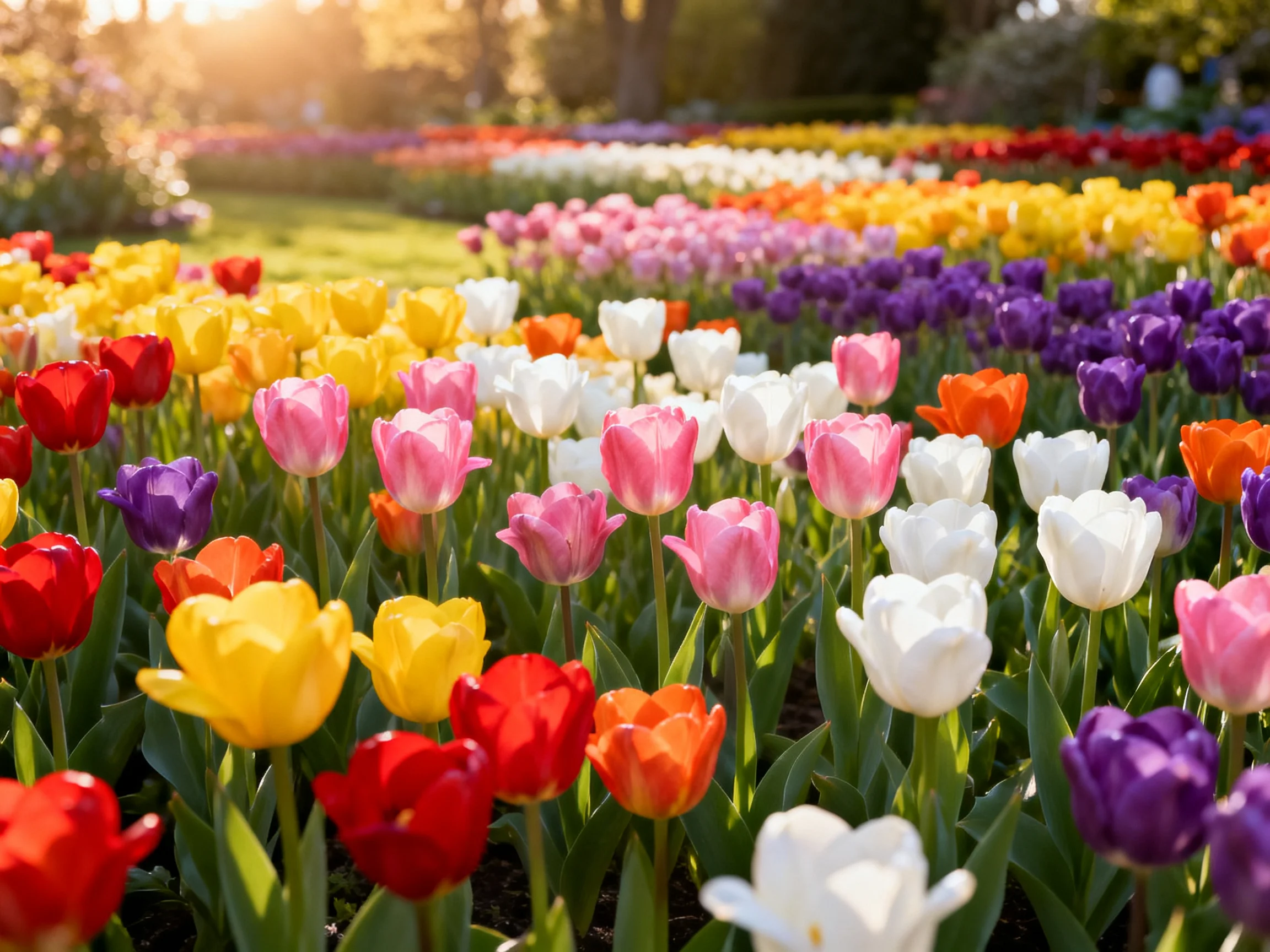 Vibrant tulip garden with multicolored blooms in a sunlit park