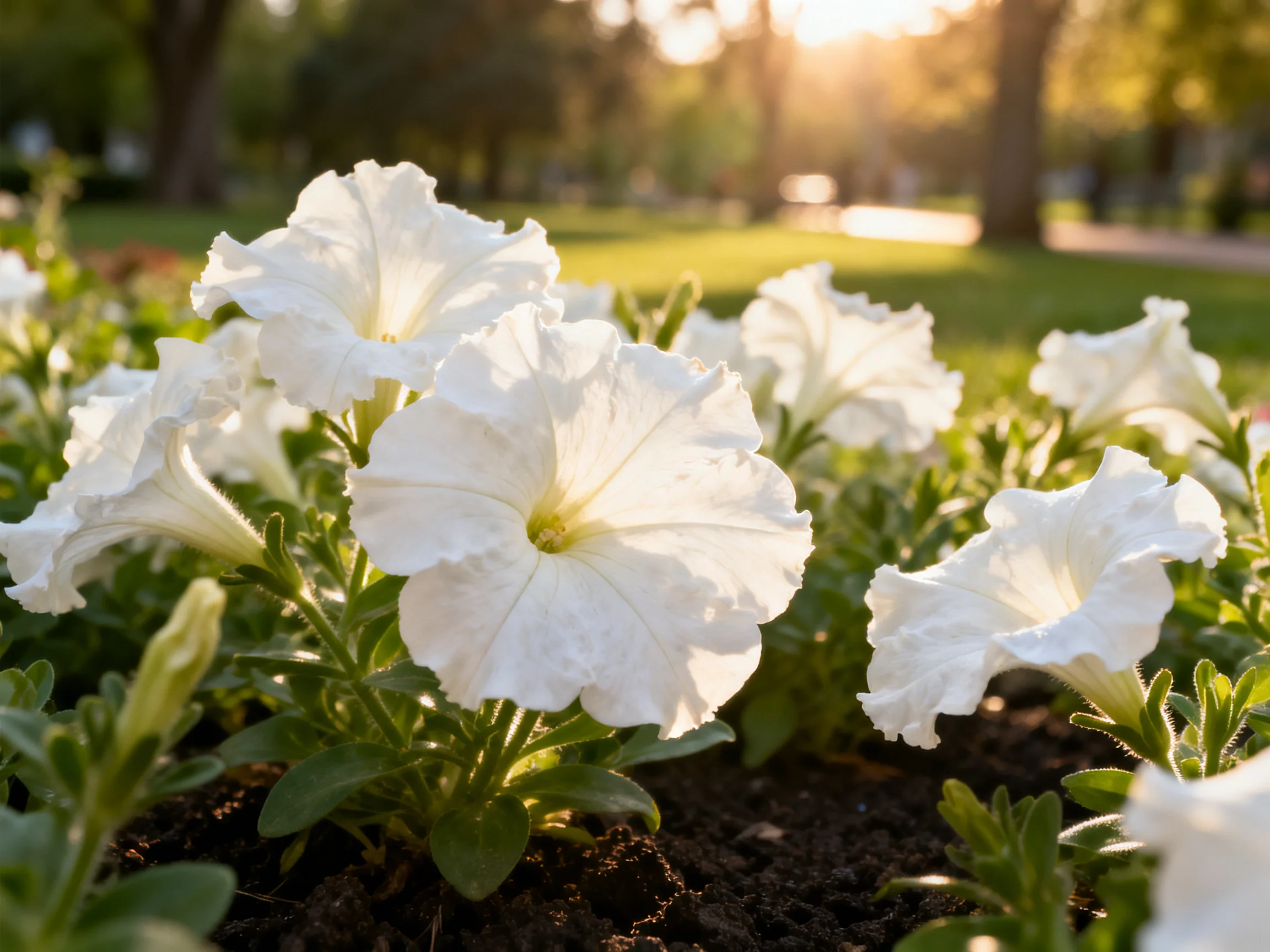 Vibrant white petunias bloom in a sunlit park garden