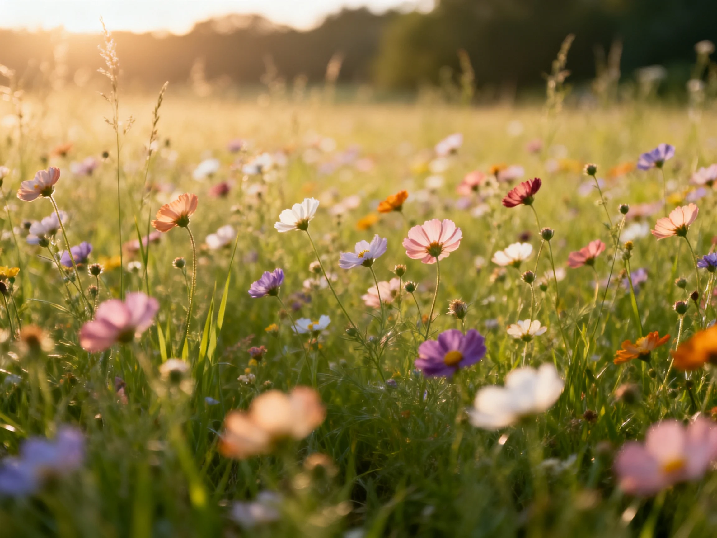 Vibrant wildflower meadow with colorful blooms under golden sunlight