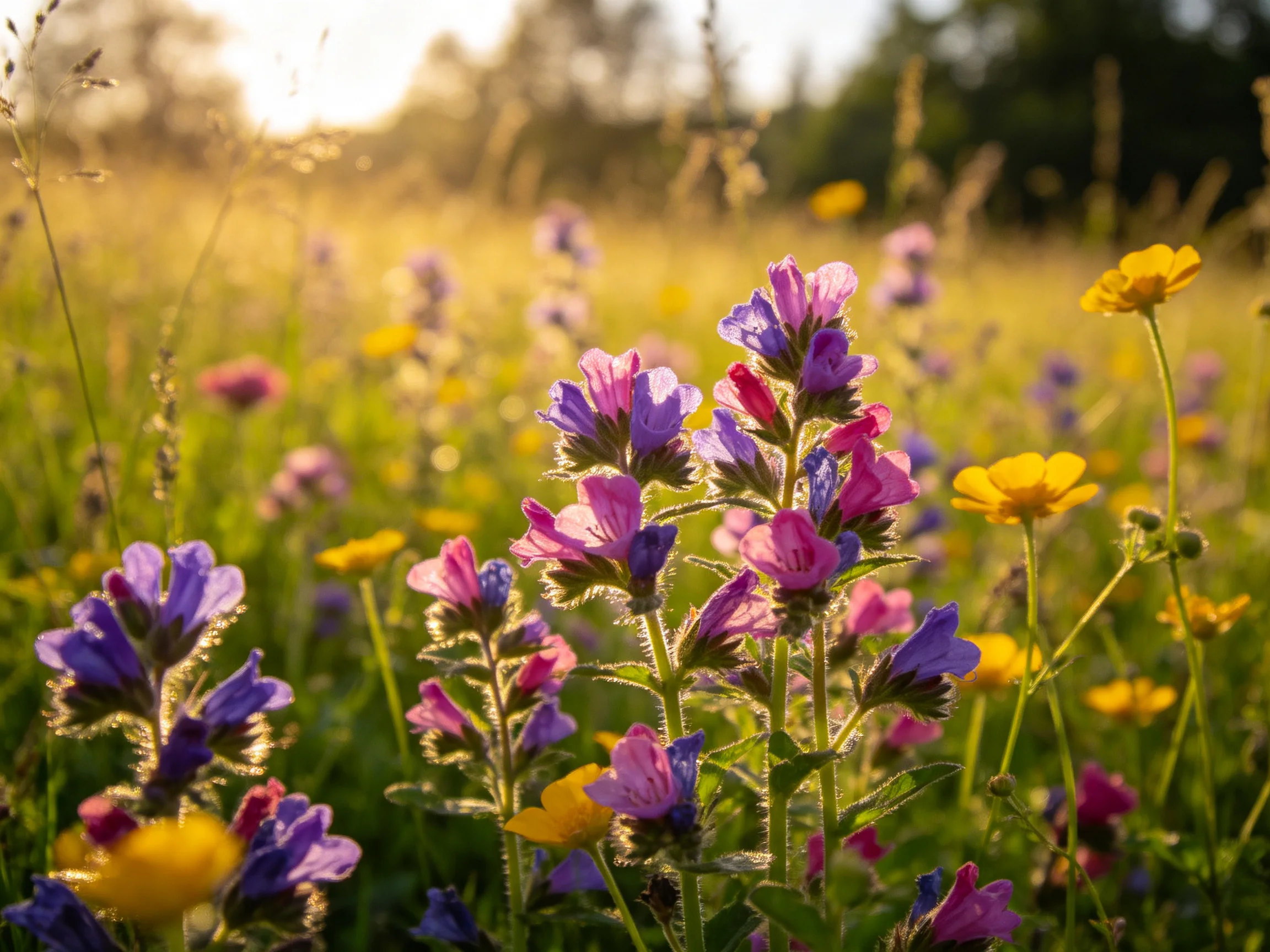 Vibrant wildflowers bloom in a sun-drenched meadow with golden hues.