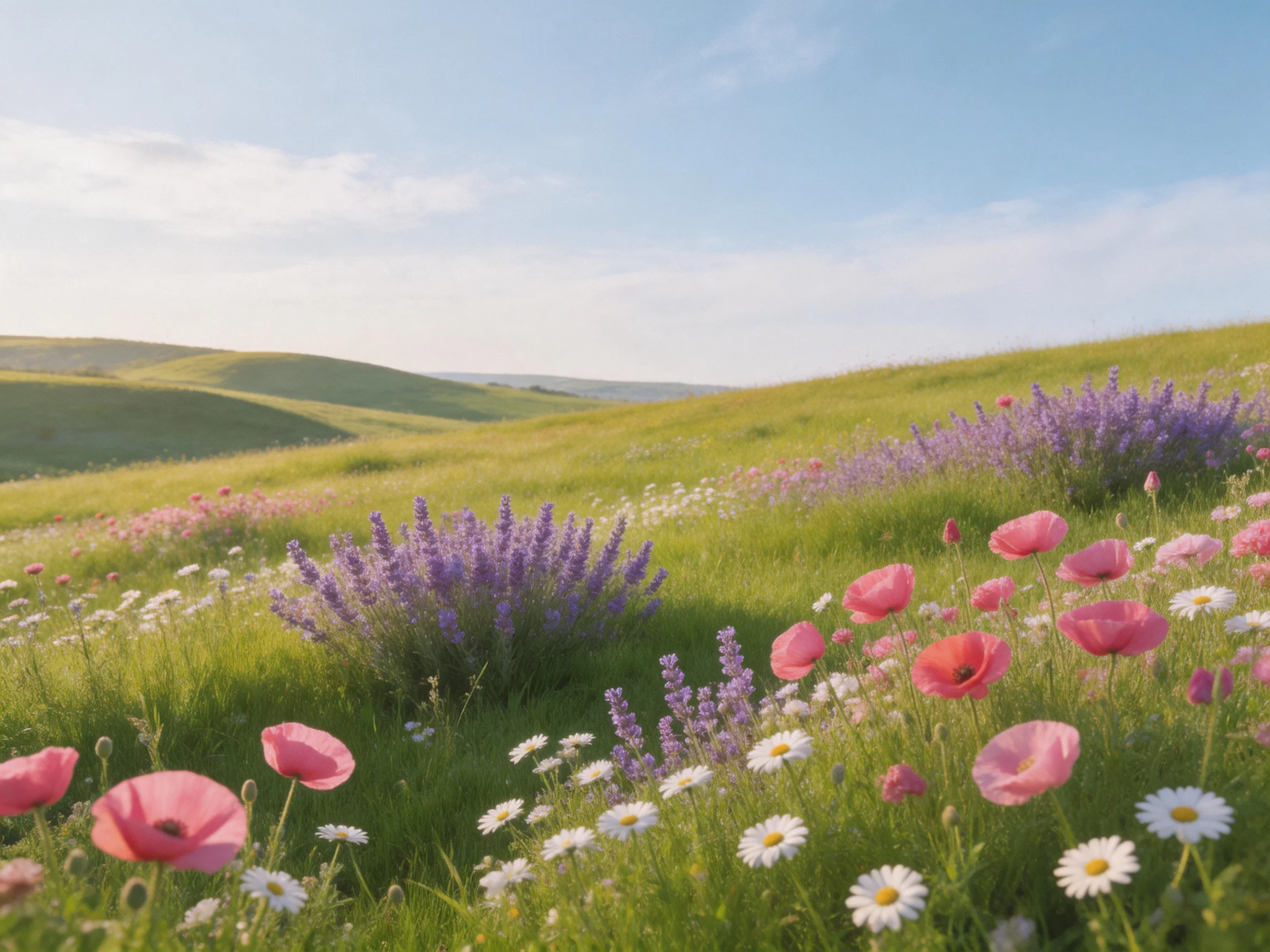 Vibrant wildflowers including pink poppies, white daisies, and purple blooms fill rolling green hills