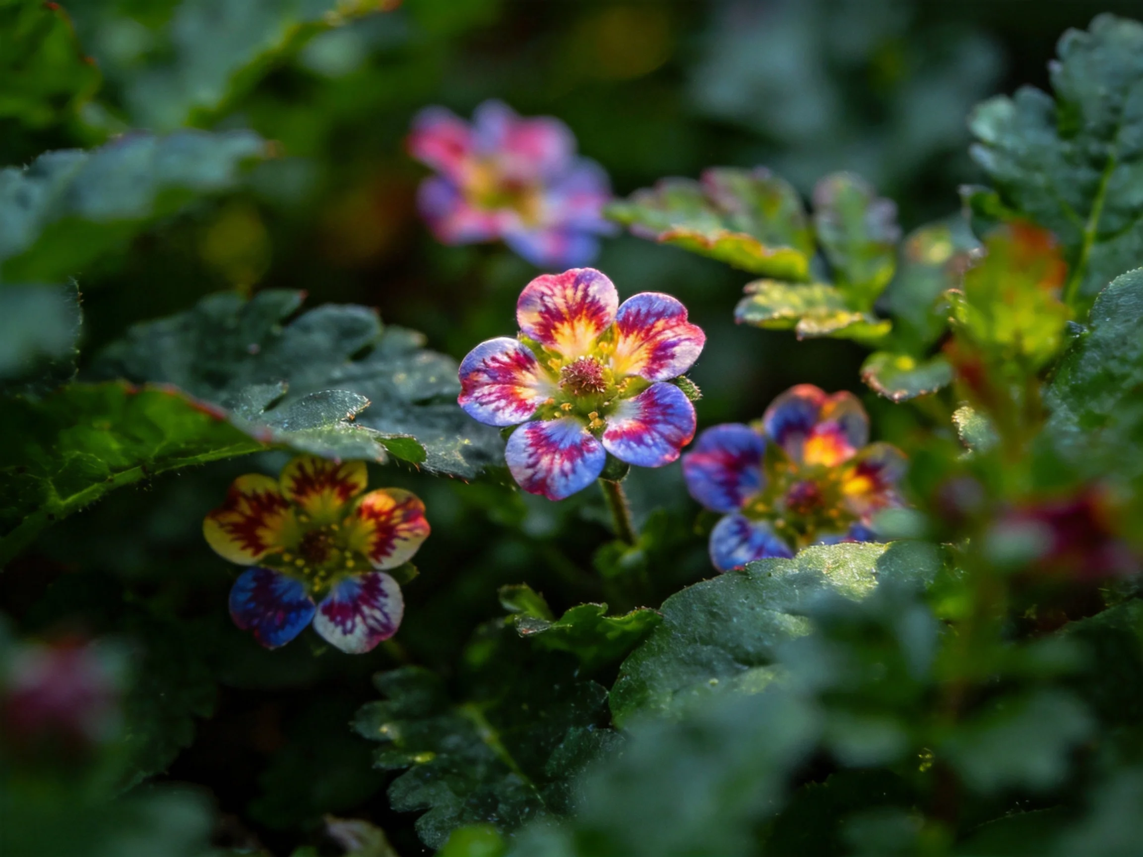 Vibrant wildflowers with pink, blue, yellow hues amid lush green foliage