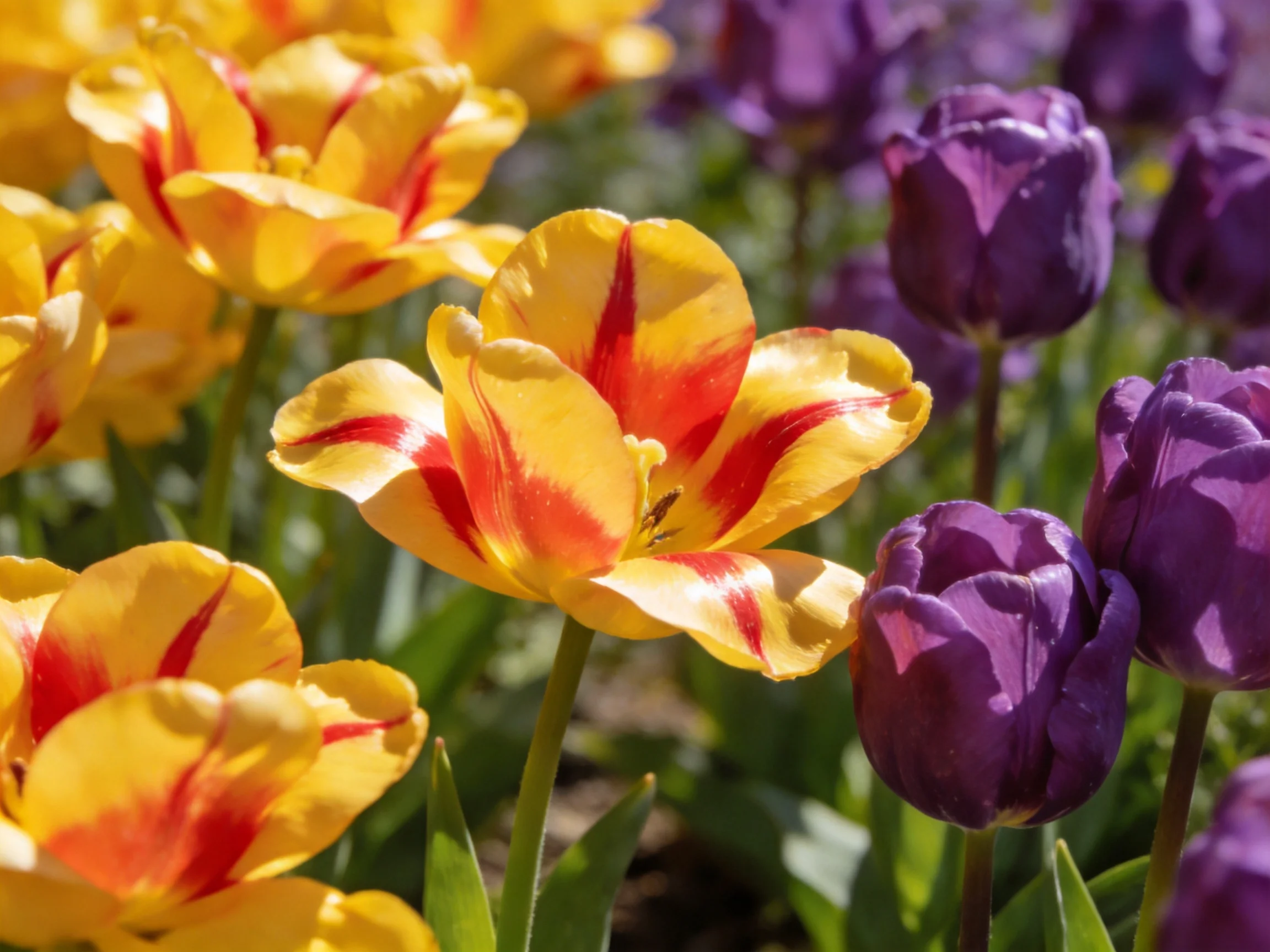 Vibrant yellow and purple tulips blooming in a sunlit garden